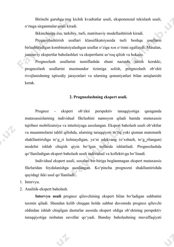 ti taraqqiyotida maqsadli ma‘lum bir muqobil yo‘lni tanlash gepotezasi yotadi. hozirgi vaqtda maxsus hay‘at a‘zolarining ishlashiga asoslangan ekspert usullari keng tarqalgan bo‘lib, ekspert guruhlari «dumaloq stol atrofida» u yoki bu muammoni hal qilishda bir qarorga kelish maqsadida munozara qilib, bir fikrga kelishadi. haqiqatdan ham ekspert jamoasi yordami bilan prognozlashni shakllantirishda asosiy masalalar quyidagilardir: · malakali ekspert guruhlarini shakllantirish; · ekspertizalarni tayyorlash va o‘tkazish; · olingan hujjatlar asosida statistik hisoblashlar o‘tkazish. anketalarda saqlangan, ko‘p sonli kiymatlar ko‘rinishida berilgan, ekspert baholash natijasini statistik baholash va ularning ishonchlilik chegaralari, ekspertlar fikrlari kelishuvini statistik baholash aniqlanadi. prognozlanayotgan kattaliklarning o‘rtacha ahamiyati quyidagi formula orqali aniqlanadi. в n bi n i 1 bu yerda: bj – tarafidan berilgan prognozlanayotgan kattalikning ahamiyati; n- guruhdagi ekspertlar soni. bundan tashqari, dispersiyani ham aniqlash mumkin: d (bi-b)2 /(n-1) (dispersiya, bu variant (bi)dan o‘rtacha arifmetik (v) ayirmasining o‘rtacha kvadrati). bundan so‘ngra j ishonchlilik intervalining yaqinlik ahamiyati hisoblanadi. j t n d …