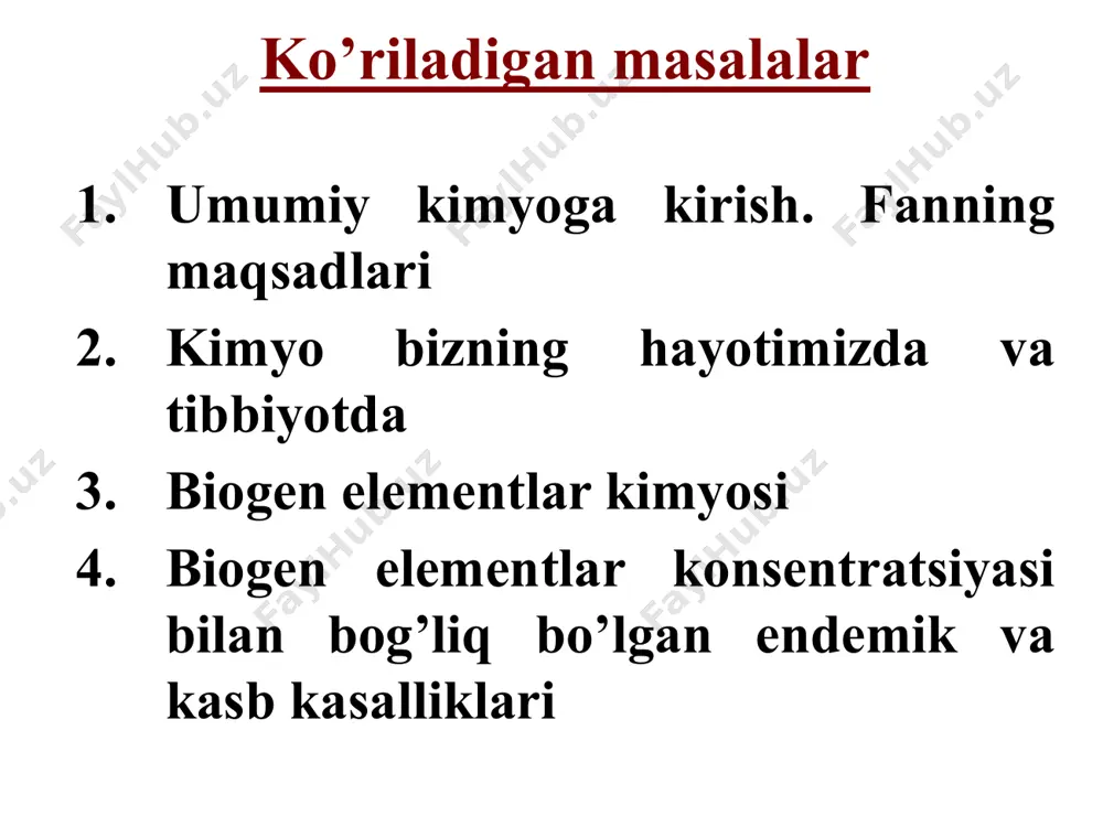 , suyak va tishlar, pay va terini mustahkamlash rux (zn) 2000 mg hujayraning turli metabolik reaksiyalarida, dnk sintezi, suyak to’qimasi o’sishi va immun sistemadagi jarayonlarda mis (cu) 240 mg qon tomirlari, qon bosimi va immune tizim shakllanishida marganes (mn) 60 mg suyak o’sish, qon ivishi, metabolik reaksiyalarda qatnashadi yod (i) 20 mg qalqonsimon bez faoliyati uchun zarur molibden (mo) 12 mg fe va n ni ovqat tarkibidan o’zlashtirish uchun kerak mishyak (as) 3 mg o’sish va rivojlanish uchun kerak xrom (cr) 3 mg qonda qand miqdorini muvozanatda ushlash va biomolekulalar sintezi uchun kobalt (co) 3 mg vitamin b12 va eritrositlar tarkibiga kiradi selen (se) 2 mg immun sistema, yurak va me’da osti bezi uchun muhim vanadium (v) 2 mg suyak va tishlarning shakllanishi va ovqatdan energiya olish uchun kerak biogen elementlarning ahamiyati butun elementlardan 20 taga yaqini inson hayoti uchun muhim ahamiyat kasb etadi. ularning ichidan 1 va 2-davrda joylashgan …