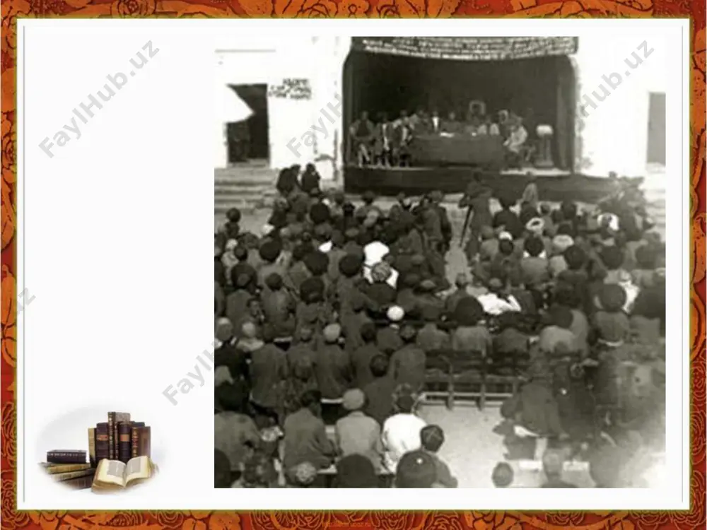 da ma'rifatni keng yoyish, millatning siyosiy ongini yuksaltirish borasida ommaviy nashrlar, bosmaxonalar ochdilar, teatr tomoshalarini tashkil etdilar. bu borada munavvar qori abdurashidxon o'g'li, mahmudxo'ja behbudiy, abdulla avloniy, sadriddin ayniy, fayzulla xo'jayev, toshpo'latbek norbo'tabekov, abdurauf fitrat va boshqalarning xizmatlari beqiyos bo'ldi. turkiston o'lkasidagi dastlabki taraqqiyparvar jamiyatlar, tadqiq etilgan manbalar bergan ma'lumotlarga ko'ra, 1905-1907 yilgi birinchi rus inqilobidan so'ng, eron va turkiyadagi ijtimoiy-siyosiy harakatlar ta'sirida vujudga kelgan. osiyo mamlakatlaridagi inqilobiy harakatlar, musulmon dunyosidagi, xususan, turkistondagi ijtimoiy-siyosiy va diniy fikrlarning taraqqiyotida muhim bosqich bo'lib xizmat qildi. 1904-1905 yillardagi rus-yapon urushida rossiyaning mag'lubiyati imperiyadagi barcha ezilgan xalqlar oldida mustabid podsho tuzumi obro'sini keskin tushishiga olib keldi. bu esa siyosiy fikrlar rivojiga turtki berib, milliy ozodlikka erishish orzularini ushalishiga ishonch uy g'otdi. sharqdagi inqiloblar va o'lkaga u yerlardan kirib kelgan turli xil g'oyaviy oqimlar bu yerlardagi muxolif kuchlarning birlashishi, milliy-siyosiy tashkilotlar holiga kelishi va rivojlanishi uchun muhim omil bo'lib xizmat qildi. umumiy diniy va milliy …