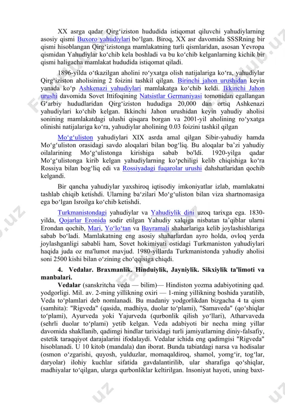 an vaqtdan boshlaboq iudaizmning yahudiy xalqi «xudoning arzandasi» degan da’vosini bayroq qilib olgan. sionizm o‘zaro bog‘langan ikkita maqsadni ishlab chiqib, ularni izchil amalga oshirib kelmoqda. bu maqsadlar quyidagicha: 1) tarixiy sabablarga ko‘ra turli tomonlarga ketib, o‘sha joylarda ko‘p asrlardan buyon yashayotgan yahudiylarni o‘z yurtlariga, ya’ni ajdodlarining vataniga qaytarib kelish va isroil davlatini yer yuzidagi jannatga aylantirishga xizmat qildirish; 2) agar shaxs yahudiy millatiga mansub bo‘lsa-yu, ammo yashab turgan joyidan isroilga ko‘chib kela olmasa, uni o‘sha yerdan turib isroilni iqtisodiy, siyosiy, ma’naviy va harbiy jihatdan qo‘llab-quvvatlashga hissa qo‘shishga da’vat qilish. iudaizmda yahudiylarning kundalik turmushi bilan bog‘liq munosabatlarni tartibga solishga katta e’tibor beriladi. masalan, har bir dindor taom iste’mol qilish, jinsiy munosabatlar, jamoat joylari, ibodatxonalardagi xulq-atvor qoidalari va hokazolarni tartibga soladigan 365 ta taqiq va 248 ta buyruqlarni yoddan bilishi kerak. mazkur dinda diniy bayramlarga alohida e’tibor beriladi. ularning asosiylari quyidagilardan iborat: shabbat (shanbalik) – dam olish kuni va bunda har qanday …