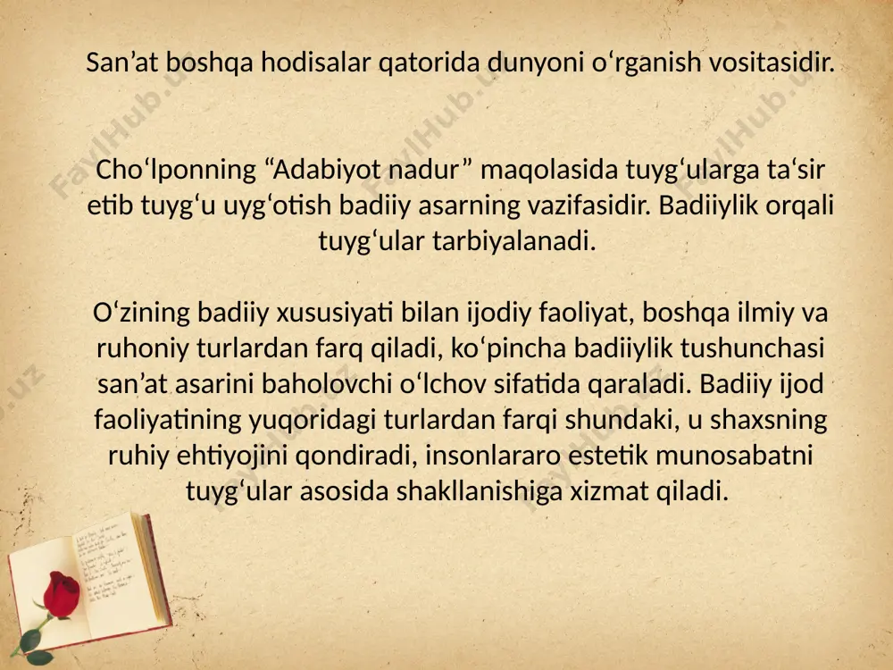 vositasida turli xalqlar bir-birining madaniyatlari bilan tanishadilar, san’atkorlari bilan muloqotga kirishadi-lar. badiiy asar o‘zining emotsional ta’siriga ko‘ra, unda tasvirlanayotgan xalqning ruhiy olamini, qalbini tushuna oladi. adabiyot insonlarni yaqinlash-tiradi, birlashtiradi. axloqiy tarbiya quroli, vositasi bo‘lishlik. katarsis, ya’ni kishi qalbini poklovchi, ezgulikka yo‘naltiruvchi vositadir. adabiyot axloqiy mezonlar-ni shakllantirib, aqliga va qalbiga ta’sir ko‘rsatadi va chin inson bo‘lishiga xizmat qiladi. badiiylik – badiiy matnning o‘ziga maxsus sifati. badiiylik asarning konseptual mohiyatidan kelib chiqadi, badiiy timsollarning mahorat bilan ishlanishini taqozo qiladi. badiiylik bu badiiy asarning matn va matnosti dasturlari hamda adabiy shakllar bo‘yicha izchil tashkillanishidir. badiiylik matnning butunligini ta’minlovchi barcha komponentlarning organik harakati bo‘lib, u matnning chuqur qatlamlariga qadar kirib boradi. bu jihatdan muallif o‘z qalbiga chuqurroq kirib borgan sari kitobxonlar qalbiga ham shunday chuqurlikda singadi. badiiylik va badiiy asarning dasturiy shakllanishi bir-biridan u qadar uzoq bo‘lmagan hodisalardir. chunki har qanday badiiy matn dasturi faqat badiiylik talablari bo‘yicha quriladi va amalga oshiriladi. shuning uchun …