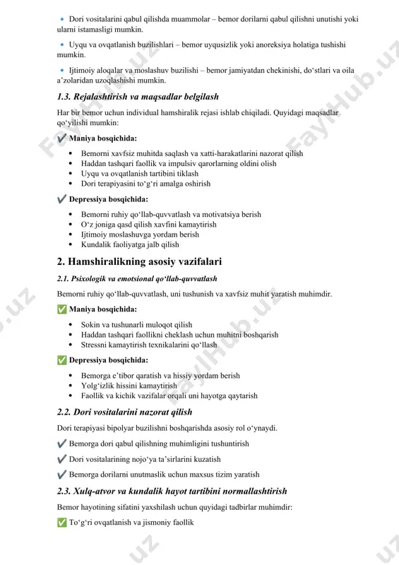 im. 1.2. hamshiralik tashxisi bemorning psixologik va jismoniy baholash natijalariga asoslanib, quyidagi hamshiralik tashxislari qo‘yilishi mumkin: 🔹 xavfli xatti-harakatlar ehtimoli – maniakal bosqichda bemor xavfli qarorlar qabul qilishi va ehtiyotsiz harakatlar qilishi mumkin. 🔹 o‘z joniga qasd qilish xavfi – depressiya bosqichida o‘zini o‘ldirishga urinish yoki o‘z-o‘ziga zarar yetkazish ehtimoli bor. 🔹 dori vositalarini qabul qilishda muammolar – bemor dorilarni qabul qilishni unutishi yoki ularni istamasligi mumkin. 🔹 uyqu va ovqatlanish buzilishlari – bemor uyqusizlik yoki anoreksiya holatiga tushishi mumkin. 🔹 ijtimoiy aloqalar va moslashuv buzilishi – bemor jamiyatdan chekinishi, do‘stlari va oila a’zolaridan uzoqlashishi mumkin. 1.3. rejalashtirish va maqsadlar belgilash har bir bemor uchun individual hamshiralik rejasi ishlab chiqiladi. quyidagi maqsadlar qo‘yilishi mumkin: ✔️ maniya bosqichida: · bemorni xavfsiz muhitda saqlash va xatti-harakatlarini nazorat qilish · haddan tashqari faollik va impulsiv qarorlarning oldini olish · uyqu va ovqatlanish tartibini tiklash · dori terapiyasini to‘g‘ri amalga oshirish ✔️ depressiya bosqichida: …