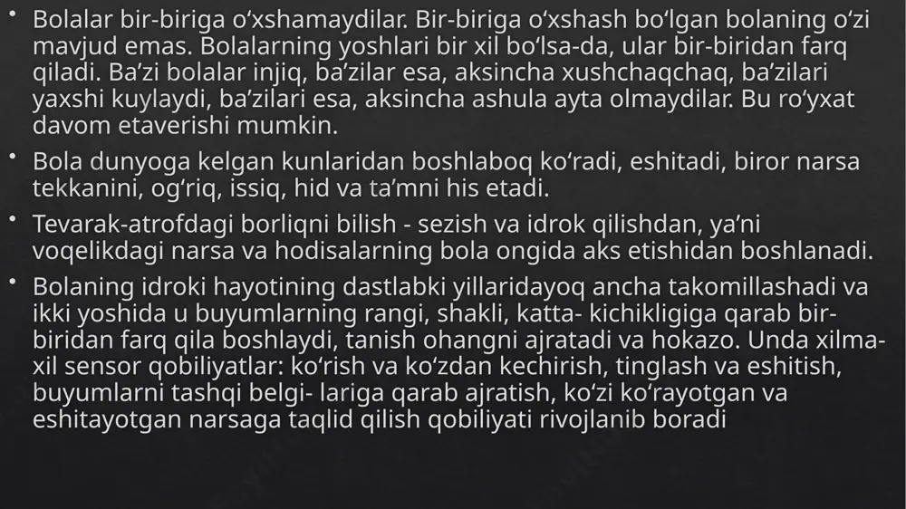 qsonlari bo‘lgan bolalar (alohida ta’lim ehtiyojlari bo‘lgan bolalar) uchun inklyuziv ta’limni tashkil etish tartibi belgilab berilgan. shuningdek, inklyuziv ta’lim sinfi — maktabdagi alohida ta’lim ehtiyojlari bo‘lgan 121 bolalarning boshqa (sog‘lom) bolalar bilan teng huquqli va birgalikdagi ta’lim olishlari shaklida tashkil etilgan sinf ekanligi e’tirof etilgan. markaziy osiyoda bu masala ancha yillardan buyon tadqiqotchilarni qiziqtirib keladi. olimlar ham, siyosat va jamiyat arboblari, pedagog va talabalar, jamoat uyushmalarining faollari va oddiy fuqarolar ham bu masalaga tobora koʻproq e’tibor bermoqdalar. oʻzbekistonda yanada demokratiyani chuqurlashtirish va fuqarolik jamiyati asoslarini barpo etishdagi manfaatdor boʻlgan har bir kishi oʻzbekiston xalqlarining falsafiy-siyosiy va huquqiy merosini yaxshi bilishi, hamda mutafakkirlar ilgari surgan gʻoyalarga murojaat qilishi kerak. koʻpgina mashhur olimlar bu ta’limotning tarkibiy qismlariga murojaat etib, mazkur muammoning turli-tuman ma’nolarini ilgari surganlar. bu esa, oʻz navbatida, fuqarolik jamiyatini rivojlantirishga olib keldi va ming yillik falsafaning tarixiga qiziqisni borgan sari oshirib, uni oʻrganuvchilar doirasini kengaytirib kelmoqda. “avesto”da tugʻilgan va tugʻilmagan …