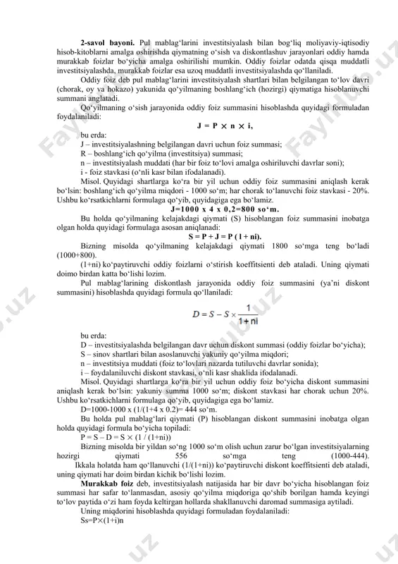 qa shaklda qaytib kelish paytidagi qiymati bilan taqqoslanadi. investitsiya kiritish va pul mablag‘larini qaytib olish paytidagi pul qiymatini taqqoslashda ikkita asosiy tushuncha – pulning hozirgi qiymati va kelajakdagi qiymatidan foydalanish qabul qilingan. pulning kelajakdagi qiymati hozirgi paytda investitsiya qilingan pul mablag‘larining belgilangan vaqt o‘tgandan so‘ng ma’lum bir foiz stavkasini hisobga olgan holda aylanishi lozim bo‘lgan miqdorini ifodalaydi. pulning kelajakdagi qiymatini aniqlash ushbu qiymatning o‘sish jarayoni bilan bog‘liq bo‘lib, pulning boshlang‘ich miqdoriga foiz summasini (foiz to‘lovlarini) qo‘shib borish yo‘li bilan bosqichma-bosqich kattalashtirishni aks ettiradi. bu summa foiz stavkasi bo‘yicha hisoblanadi. investitsiya hisob-kitoblarida bu stavka nafaqat pul mablag‘lari qiymatini o‘stirish vositasi sifatida, balki yanada keng ma’noda – investitsiya operatsiyalarining daromadlilik darajasini o‘lchash uchun ham foydalaniladi. pulning hozirgi qiymati kelajakda kelib tushadigan pul mablag‘larining belgilangan foiz stavkasini («diskont stavkasi») hisobga olgan holda hozirgi davrga keltirilgan miqdorini ifodalaydi. pulning hozirgi qiymatini aniqlash bu qiymatning diskontllashuvi bilan bog‘liq bo‘lib, pul mablag‘larining belgilangan yakuniy hajmida o‘sishiga …