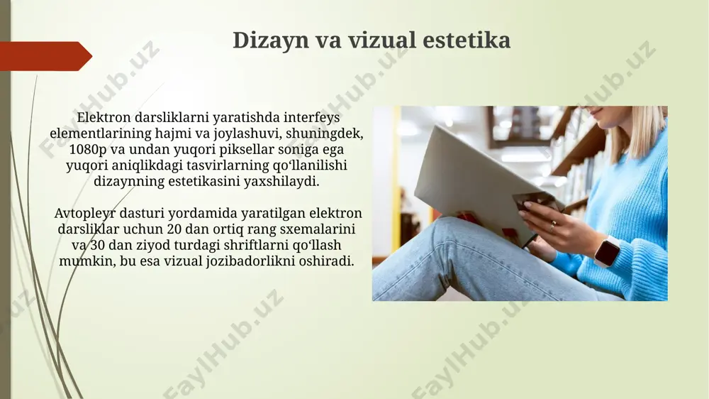 a vaqtni tejashga yordam beradi. nashr etish va tarqatish usullari isbn raqamlari va mualliflik huquqlari bilan himoyalangan elektron darsliklarni xavfsiz bulutli xizmatlar orqali elektron do'konlar va ta'lim muassasalariga tarqatish mumkin. elektron darsliklarni 1000 dan ortiq onlayn platforma orqali, shu jumladan, o'quv portallari va mobil ilovalar orqali tarqatish mumkin, bu esa keng auditoriyaga yetish imkonini beradi. kontentni qo'shish va tahrirlash qo'shilgan har bir kontent avtomatik ravishda indekslanadi va teglar bilan belgilanadi, bu esa keyinchalik osongina qidirish va 2000 dan ortiq elementlarni tezkor boshqarish imkonini beradi. kontent qo'shish uchun 3 xil usul mavjud: matn kiritish, fayllarni import qilish (rasm, audio, video) va 50 dan ortiq tayyor shablonlardan foydalanish. texnik talablar va moslashuvchanlik дастурнинг юкланиш тезлигини оптималлаштириш учун 20 мб дан камроқ ҳажмдаги ресурслардан фойдаланилади ва бу сизилишсиз ишлашга кафолат беради, шу билан бирга тасвир сифати 720p даражасида сақланади. автоплей дастури, экран ўлчамлари ва пиксел зичлигидан қатъий назар, 1080p дан 480p гача бўлган …