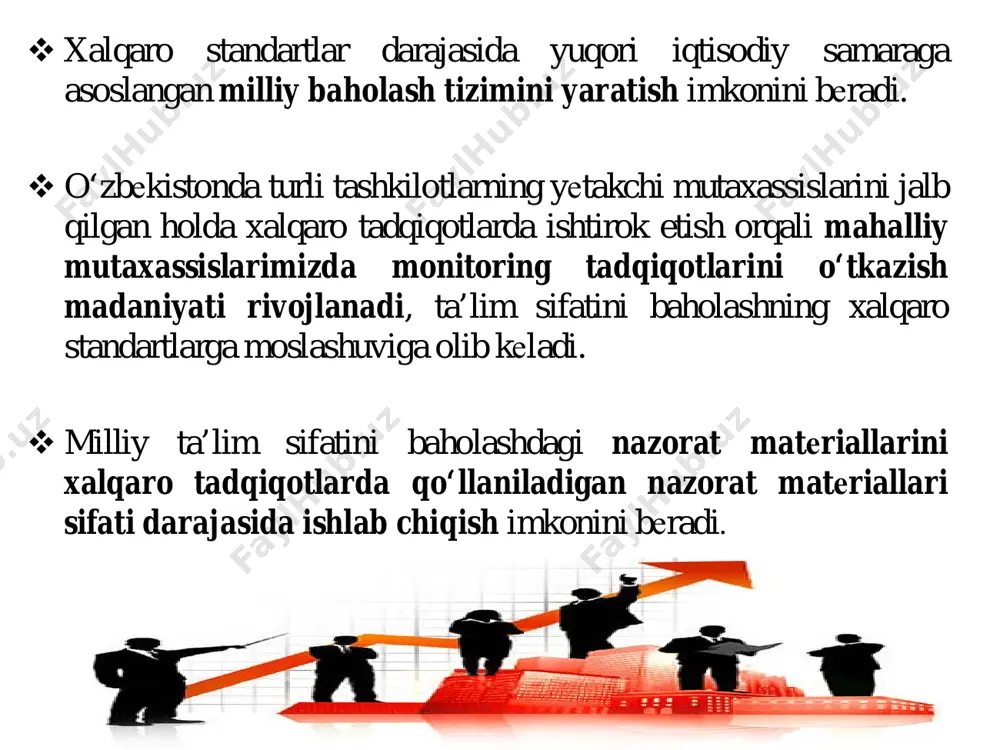 18 yil 78 ta pisada o‘quvchilarning bilim sifati monitoringi 5 ta yo‘nalish bo‘yicha aniqlanadi. tadqiqot yo‘nalish- lari *o‘qish savodxonligi *matematik savodxonlik moliyaviy savodxonlik kompyuter savodxonligi *tabiiy-ilmiy savodxonlik *izoh: o‘zbekiston 2021-yilda 3 ta (o‘qish savodxonligi, matematik savodxonlik, tabiiy-ilmiy savodxonlik) yo‘nalish bo‘yicha ishtiroki etishi ko‘zda tutilmoqda. 2015-yilda o‘tkazilgan tadqiqot natijalari (o‘qish savodxonligi yo‘nalishi) o‘rin mamlakat o‘rtacha ball 1 singapur 535 2 gonkong (xitoy) 527 3 kanada 527 4 finlandiya 526 5 irlandiya 521 6 estoniya 519 7 janubiy koreya 517 8 yaponiya 516 9 norvegiya 503 10 yangi zellandiya 501 manba: http://www.oecd.org/pisa/ 2015-yilda o‘tkazilgan tadqiqot natijalari (matematik savodxonlik yo‘nalishi) o‘rin mamlakat o‘rtacha ball 1 singapur 564 2 gonkong (xitoy) 548 3 makao (xitoy) 544 4 tayvan 542 5 yaponiya 532 6 xitoy 531 7 janubiy koreya 524 8 shveysariya 521 9 estoniya 520 10 kanada 516 manba: http://www.oecd.org/pisa/ 2015-yilda o‘tkazilgan tadqiqot natijalari (tabiiy-ilmiy savodxonlik yo‘nalishi) o‘rin mamlakat o‘rtacha ball 1 singapur 556 …
