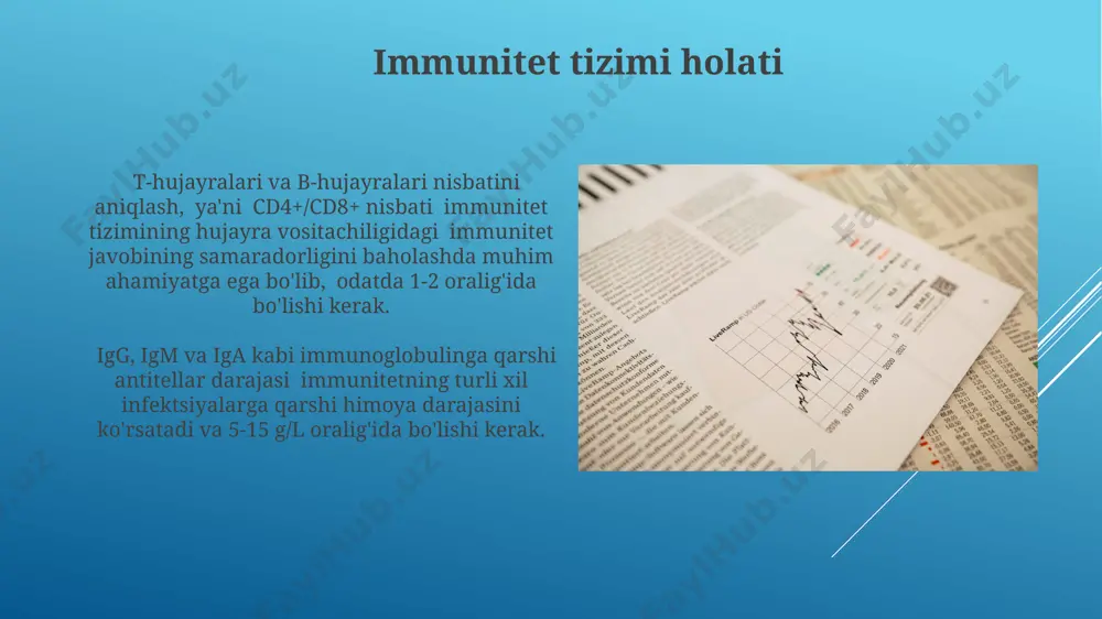 eflekslari, masalan, tizza refleksi (2+) yoki achill refleksi (1+), kabi 10 ga yaqin asosiy reflekslar tekshiriladi. suv-tuz muvozanati suv-tuz muvozanatining buzilishi, masalan, giponatremiya (natriy darajasining pasayishi) yoki gipernatremiya (natriy darajasining oshishi) holatlariga olib kelishi mumkin, bu esa jiddiy sog'liq muammolariga olib keladi. buyraklar suv-tuz muvozanatini tartibga solishda muhim rol o'ynaydi, kuniga taxminan 1-2 litr siydik chiqarish orqali organizmda suv va elektrolitlar muvozanatini saqlaydi. oziq moddalar almashinuvi va energiya balansi oziq-ovqat moddalar almashinuvi jarayonida 30% gacha energiya issiqlik shaklida yo'qolishi mumkin, bu esa umumiy energiya balansini pasaytiradi. tana vaznining 1 kg ga to'g'ri keladigan bazal metabolizm tezligi (bmr) odamlarda taxminan 1 kcal/soat, yosh, jins va jismoniy faollik darajasiga qarab farq qiladi. e'tiboringiz uchun rahmat @taqdimot_robot image1.jpg image2.jpg image3.jpg image4.jpg image5.jpg image6.jpg image7.jpg image8.jpg image9.jpg image10.jpg image11.jpg image12.jpg
