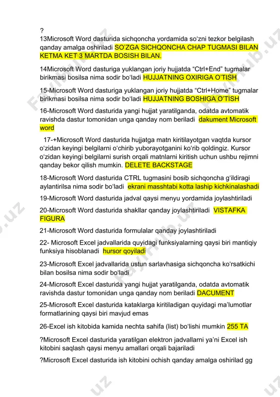 sodir bo‘ladi hujjatning boshiga o’tish 16-microsoft word dasturida yangi hujjat yaratilganda, odatda avtomatik ravishda dastur tomonidan unga qanday nom beriladi dakument microsoft word 17-+microsoft word dasturida hujjatga matn kiritilayotgan vaqtda kursor o‘zidan keyingi belgilarni o‘chirib yuborayotganini ko‘rib qoldingiz. kursor o‘zidan keyingi belgilarni surish orqali matnlarni kiritish uchun ushbu rejimni qanday bekor qilish mumkin. delete backstage 18-microsoft word dasturida ctrl tugmasini bosib sichqoncha g‘ildiragi aylantirilsa nima sodir bo‘ladi ekrani masshtabi kotta laship kichkinalashadi 19-microsoft word dasturida jadval qaysi menyu yordamida joylashtiriladi 20-microsoft word dasturida shakllar qanday joylashtiriladi vistafka figura 21-microsoft word dasturida formulalar qanday joylashtiriladi 22- microsoft excel jadvallarida quyidagi funksiyalarning qaysi biri mantiqiy funksiya hisoblanadi hursor qoyiladi 23-microsoft excel jadvallarida ustun sarlavhasiga sichqoncha ko‘rsatkichi bilan bosilsa nima sodir bo‘ladi 24-microsoft excel dasturida yangi hujjat yaratilganda, odatda avtomatik ravishda dastur tomonidan unga qanday nom beriladi dacument 25-microsoft excel dasturida kataklarga kiritiladigan quyidagi ma’lumotlar formatlarining qaysi biri mavjud emas 26-excel ish kitobida …