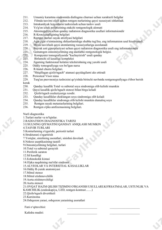 o'shlig'ini tekshirish uchun mri ko'rsatmalari va kontrendikatsiyasi. 184. ko'rsatmalar va kontrendikatsiyalar ko'krak qafasi floroskopiyasi. 185. qorin bo'shlig'ini tekshirish floroskopiyasi uchun ko'rsatmalar va kontrendikatsiyalar 186. kontrast bilan oshqozon rentgenogrammasi uchun ko'rsatmalar va kontrendikatsiyalar 187. kontrastli qizilo'ngach rentgenogrammasi uchun ko'rsatmalar va kontrendikatsiyalar 188. o'pka perfuziyasini o'rganishda qaysi usul yaxshiroq. 189. floroskopiya paytida tasvirni olish uchun rentgen nurlarining qaysi xususiyati ishlatiladi. 190. rentgenogrammada yurak sharsimon bo'lib, ikkala yo'nalishda ham keskin kattalashgan. qaysi kasallik xarakterlidir. 191. yo'g'on ichak tutilishi xarakterli emas. 192. histerosalpinografiya qanday usullarga tegishli. 193. o'pka gipertenziyasining belgisi 194. mrining kt dan ustunligi. 195. jigarning kattalashishi, qirralarning yaxlitlanishi, ekogenlikning heterojen o'sishi, portal tomirlarning yomon vizualizatsiyasi quyidagilar bilan sodir bo'ladi 196. ultratovush yordamida aniqlangan siydik pufagidagi toshning minimal "diametri" : 197. buyrak usti kasalliklarini tashxislashning radiatsion usullari. 198. aorta qopqog'i etishmovchiligining mavjudligi va darajasini aniqlash uchun kateter orqali kontrast moddani kiritish kerak. 199. qaysi kasalliklarda suyak radiosintigrafiyasida "issiq o'choq" qayd etiladi. 200. ichakning …