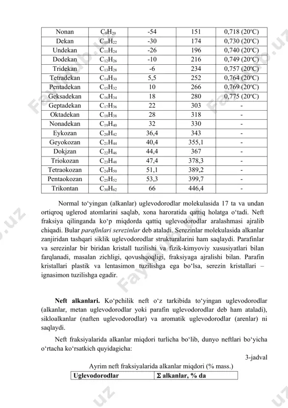 6 196 0,740 (20oc) dodekan c12h26 -10 216 0,749 (20oc) tridekan c13h28 -6 234 0,757 (20oc) tetradekan c14h30 5,5 252 0,764 (20oc) pentadekan c15h32 10 266 0,769 (20oc) geksadekan c16h34 18 280 0,775 (20oc) geptadekan c17h36 22 303 - oktadekan c18h38 28 318 - nonadekan c19h40 32 330 - eykozan c20h42 36,4 343 - geyokozan c21h44 40,4 355,1 - dokjzan c22h46 44,4 367 - triokozan c23h48 47,4 378,3 - tetraokozan c24h50 51,1 389,2 - pentaokozan c25h52 53,3 399,7 - trikontan c30h62 66 446,4 - normal tо‘yingan (alkanlar) uglevodorodlar molekulasida 17 ta va undan ortiqroq uglerod atomlarini saqlab, xona haroratida qattiq holatga о‘tadi. neft fraksiya qilinganda kо‘p miqdorda qattiq uglevodorodlar aralashmasi ajralib chiqadi. bular parafinlari serezinlar deb ataladi. serezinlar molekulasida alkanlar zanjiridan tashqari siklik uglevodorodlar strukturalarini ham saqlaydi. parafinlar va serezinlar bir biridan kristall tuzilishi va fizik-kimyoviy xususiyatlari bilan farqlanadi, masalan zichligi, qovushqoqligi, fraksiyaga ajralishi bilan. parafin kristallari plastik va lentasimon …