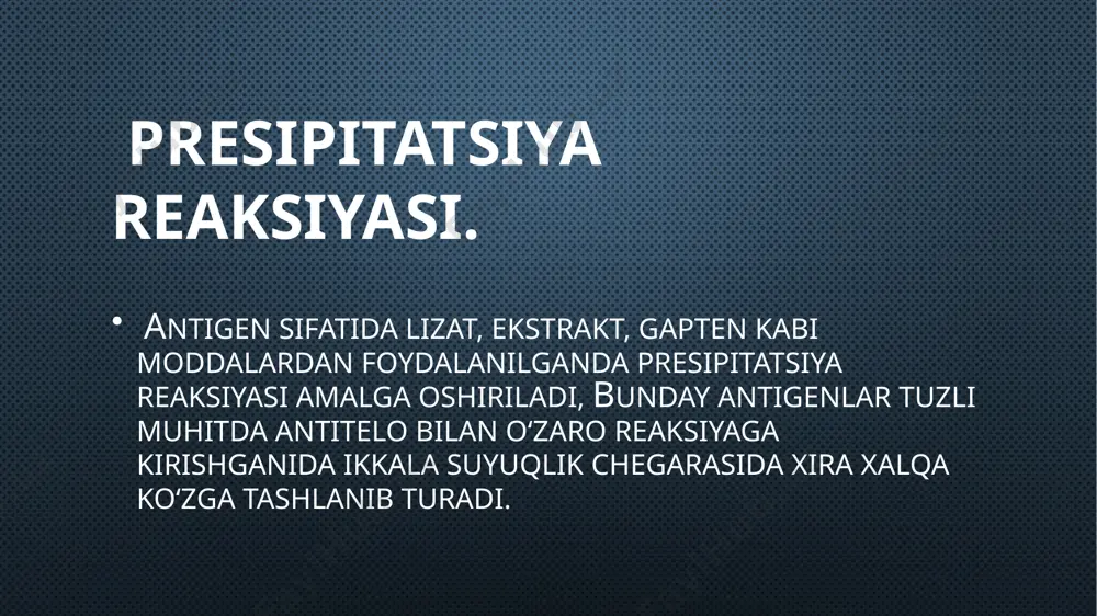 rdobi qoshiladi. tortinchi bosqichda antitelo bilan birikkan ferment markyor miqdori aniqlanadi ifa ning bilvosita usuli bu reaksiyaning bevosita usuldan farqi antitela adsorbsiya qilingan (polisterol olanshetga) izlana yotgan antigen bolishi ehtimoli bor qon zardobi qoshiladi. agar izlanayotgan zarobda antigen bolsa, antitela bilan birikadi va uning ustiga diagnostik qon zardobi qoshiladi inkubatsiya qiliinganan songuni kop marotaba yuvib tashlanadi. ikkinchi bosqicha maxsus antitelani ferment bilan nishonlangan varianti (kanyugat) qoshiladi. agar izlanayotgan zardobda antigen bolsa, ferment bilan nishonlangan konyugat antiglobulin antitela bilan birikadi va substrat xromogen qoshilganda rangi ozgaradi.boglangan konyugatning miqdori tekshirilayotgan namunadagi antitela yoki antigen miqoriga togri praportsional. immunitetga ega bo'lmagan gvineya cho'chqasi nazorat vazifasini o'tagan passiv variantda eksperimental gvineya cho'chqasi qorin bo'shlig'iga 1 ml standart bakteriya va 0,2 ml tadqiqot aralashmasi bilan aok qilinadi. s-ki, nazorat cho'chqasi - bakteriyalar va oddiy s-ki aralashmasi. buxgalteriya hisobi faol versiyada bo'lgani kabi amalga oshiriladi. ijobiy holatda, ikkala variantda ham bosilgan tomchida bakteriolizning turli bosqichlari ko'rinadi: …