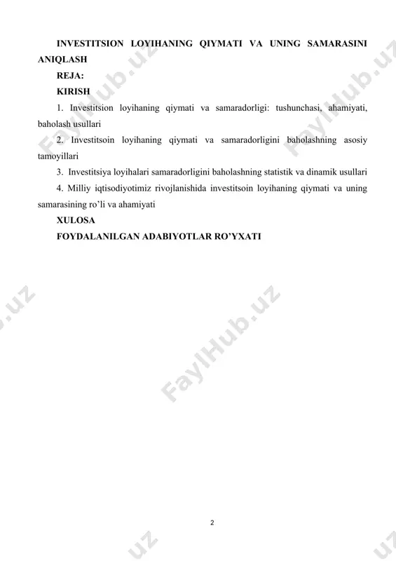 alari. investitsiya loyihalari samaradorligini baholashning jahon tajribasi, tendensiyalari va muammolaridan tadqiq etgan holda o’zbekistonda investitsiya loyihalarini samaradorligini baholashni takomillashtirish yuzasidan taklif-tavsiyalar ishlab chiqish hisoblanadi. kurs ishi oldiga qo’yilgan maqsaddan kelib chiqqan holda quyidagi asosiy vazifalar qo’yildi va yechildi: - milliy iqtisodiyotini rivojlantirishda investitsiyalarlarning o’rni va ahamiyati yoritish; - investitsiya loyihalari samaradorligini baholashning ahamiyati va obyektiv zarurligini asoslash; - inqirozdan keyingi sharoitida o’zbekistonda investitsiya faoliyatining asosiy yo’nalishlarini ochib berish; - investitsiya loyihalarini samaradorligini baholashda diskontlashtirish usullaridan foydalanishning ahamiyatini yoritib berish; - investitsiya loyihasini moliyaviy-iqtisodiy baholashning an’anaviy usullari, ularni qo’llash va hisoblash tartibini tadqiq etish; - investitsiya loyihalarini moliyaviy-iqtisodiy samaradorligini xalqaro ko’rsatkichlar tizimi asosida baholashni tahlil qilish; - o’zbekistonda investitsiya loyihalarini moliyaviy-iqtisodiy baholashni takomillashtirish yuzasidan taklif-tavsiyalar ishlab chiqish. kurs ishining obyekti: investitsiya loyihalari kurs ishining predmeti: investitsiya loyihalarining qiymati va uning samarasini aniqlash bilan bog’liq bo’lgan munosabatlar hisoblanadi. kurs ishining tarkibiy tuzilishi: kurs ishi kirish, asosiy qism, xulosa va foydalanilgan adabiyotlar ruyxatidan …