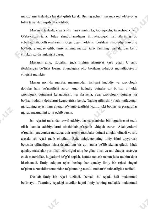 o’plamning mas’ul muharriri rahbarligida tuziladi. dastlab ilmiy ish rejasi tuziladi. demak, bu rejada hali mukammal bo’lmaydi. taxminiy rejadagi savollar hajmi ilmiy ishning tuzilajak mukammal rejasidagi savollar hajmiga qaraganda keng yoki tor bo’lishi mumkin. chunki unda hali barcha mavjud manbalar hisobga olinmagan bo’ladi. ishning davom ettirish jarayonida taxminiy reja topilgan hujjatlar tarkibi, mazmuniga qarab o’zgarib, aniqlashib, mukammallashib boradi. ilmiy ishni yozish uchun zarur bulgan barcha manbalar topil-ganidan keyingina ishda aniq masala yoki masalalarni to’la yoritish imkoniyati tug’iladi. e’lon qilingan, e’lon qilinmagan manbalarning hammasi topilganidan keyin shu asosda qat’iy reja tuziladi. reja tuzishga ijodiy yondashib uni yangi boblar va paragraflar bilan to’ldirish yoki biron-bir bobdan, paragrafdan voz kechish, ayni paytda ayrim bob va paragraflarni kengaytirish, yiriklashtirish mumkin. rejaning strukturasi so’z boshi, boblar, paragraflar va so’ng so’zdan iborat bo’ladi. quyida ilmiy ishning dastlabki taxminiy rejasiga, uning o’zgarib borishiga misol keltiramiz. mavzuga taalluqli adabiyotlarni o’rganib chiqish asosida mana bunday taxminiy reja tuzildi: turkiston chorizm …