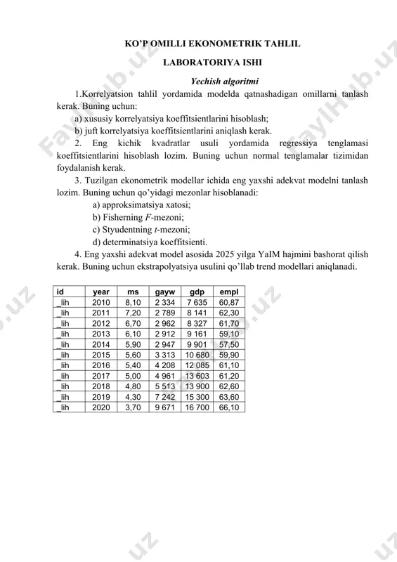 92 x2 -0,00035 0,000138 -2,55445 0,037857 -0,00068 -2,6e-05 -0,00068 -2,6e-05 x3 0,184175 0,109002 1,689644 0,134944 -0,07357 0,441924 -0,07357 0,441924 вывод остатка наблюдение предсказанное y остатки стандартные остатки 1 7,325591 0,774409 2,441049 2 7,325163 -0,12516 -0,39453 3 7,116731 -0,41673 -1,3136 4 6,353276 -0,25328 -0,79836 5 5,791077 0,108923 0,343343 6 5,889933 -0,28993 -0,91391 7 5,447539 -0,04754 -0,14985 8 4,789556 0,210444 0,663349 9 4,839235 -0,03923 -0,12367 10 4,205319 0,094681 0,298447 11 3,716579 -0,01658 -0,05226 1. функциямизни ёзамиз: y = а0 + а1 х1+ а2 х2 + а3 х3 ушбу маълумотлар асосида моделини ёзамиз: y =-0.75-0,00019x1-0,00035x2+0,184175x3 ушбу моделнинг ишончлилигини текширамиз. бунинг учун r2 ва f ларнинг қийматига қараб баҳо берамиз. олинган жадвал маълумотларидан кўриниб турибдики, бизда r2 =0,939258 ; f =36,08051. бундан кўриниб турибдики, бизнинг тузган моделимиз ишончли экан. ушбу модел асосида куйидагича хулоса килиш мумкин: демак, миграция жараёнининг амалга ошишида бошқа омиллар ўзгармаганда, ўртача иш ҳақининг бир бирликка оширилиши мигрантлар сонининг -0,00019 бирликка …