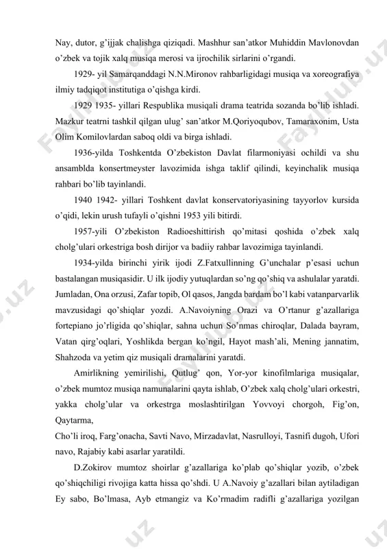 cholg’ular va orkestrga moslashtirilgan yovvoyi chorgoh, fig’on, qaytarma, cho’li iroq, farg’onacha, savti navo, mirzadavlat, nasrulloyi, tasnifi dugoh, ufori navo, rajabiy kabi asarlar yaratildi. d.zokirov mumtoz shoirlar g’azallariga ko’plab qo’shiqlar yozib, o’zbek qo’shiqchiligi rivojiga katta hissa qo’shdi. u a.navoiy g’azallari bilan aytiladigan ey sabo, bo’lmasa, ayb etmangiz va ko’rmadim radifli g’azallariga yozilgan qo’shiq va romanslari hozirgi kunda xalqimizning o’lmas durdona asarlariga aylanib ulgurdi. ko’rmadim g’azaliga bastalangan asarning ilk ijrochisi o’zbekiston xalq artisti, an’anaviy va akademik vokal xonandalik uslubi ijrochisi nazira ahmedova bo’lgan. ko’rmadim asarining kuylash malakalarini shakllantirish. ovoz sozlash uchun mashqlar an’anaviy xonandalik uslubida kuylashda ovoz ustida ishlash o’ta muhimdir. buning uchun nafas olish va uni chiqarish mashqlari. 1- mashq. oo’ - - - - o’ o’ --- oo’ - - - - oo’ - - - mazkur mashqda ligalar yordamida nafas tejab sarf qilinishiga e’tiborni qaratish kerak.triollar esa nola yordamida kuylanadi. 2- mashq. talaffuz artikulyatsiya (i, a, o, m, t, …