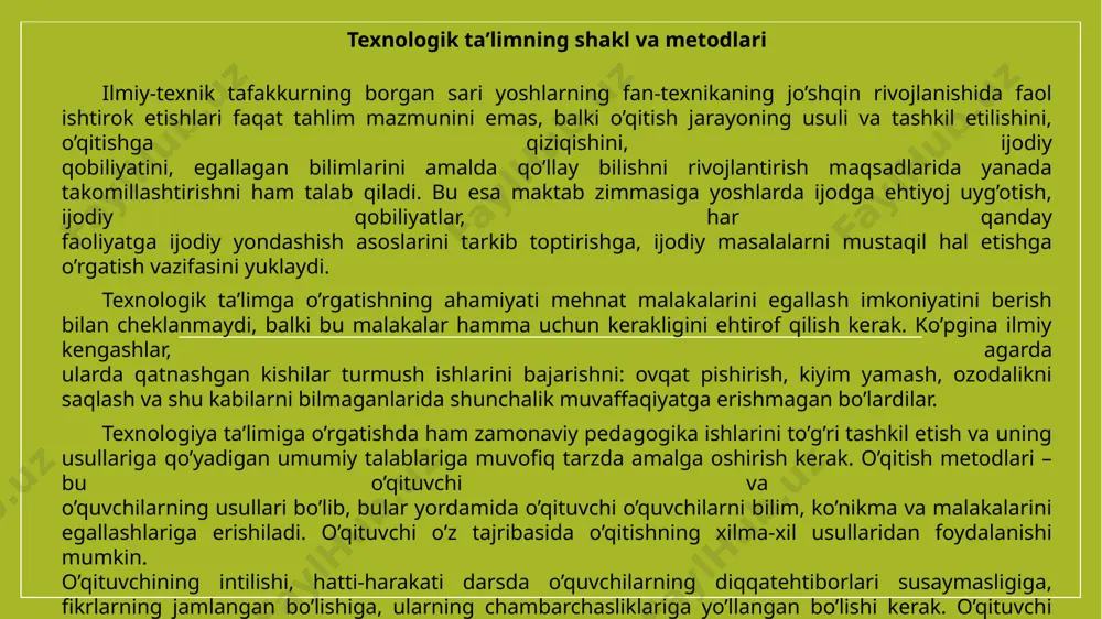 iroq shuni aytish mumkinki, bularning barchasiga mustahkam bilim, bir qarashda hammaga ravshan bo’lgan haqiqatlarni egallab olganlaridagina erishish mumkin. o’z faoliyatini o’qituvchilik mehnatiga baxsh etmoqchi bo’lgan o’qituvchilar mana shu hammaga mahlum haqiqatni o’zlashtirishdan boshlashlari kerak. ular darslarda suhbat, gapirib berish, amaliy mashg’ulotlar kabilardan foydalanib o’zlashtirganini tekshirish, yangi mavzuni tushuntirish va o’tilganini mustahkamlashni eng boshidan o’rganishlari lozim. faqat barchaga mahlum haqiqatlar o’zlashtirgandan keyingina va sinfning imkoniyatlarini nazarda tutib, yangisini qo’llash mumkin. texnologiya ta’limi bilimlarini egallash, o’zlashtirish, amalda qo’llash va o’quvchilarni rivojlantirish faol jarayonining muvaffaqiyati asosan o’qituvchining bilimi hamda ishga ijodiy yondashishiga bog’liq. texnologiya ta’limini amaliy mexnat faoliyati bilan birlashtirish va ukuvchilarning ilmiy bilimlarini chukur uzlashtirishini tahminlashda tahlimning turli usullaridan foydalaniladi. nazariy materialni tushuntirish chogida ukituvchi ukuvchilarning bilimlari va tajribasiga suyanadi. o’quvchilar tomonidan bajariladigan barcha mexnatga oid xarakatlar nazariy bilimlarni bilishga tayanadi. kur-kurona taxminiy yul bilan egallangan kunikma va malaka tor ma’noda bulib, puxta bula olmaydi. amaliy topshiriklarni tanlash mexnat tayyorgarligini nazariy va …