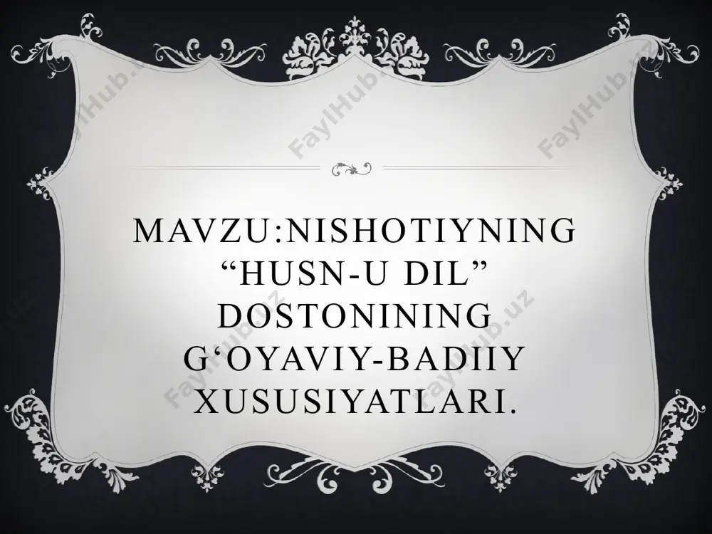 si g‘oyatda baland bo‘lganligi yaqqol sezilib turadi. navoiy esa “xamsa”sining har bir dostoni mohiyatiga irfoniy mazmunlarni singdirgan edi. ustozga munosib shogird bo‘lmoq uchun nishotiydan haqiqat ilmini puxta bilish talab qilinardi. bizningcha, sharafiddin eshon mana shu yo‘lda muhammadniyozga yordam bergan. sharofiddin eshon “xamsa” besh kitob-u, ammo uni bitganlar to‘rt ekanini, nishotiy yozsa, xomis – xamsa yozuvchi ham besh bo‘lib,tugal bo‘lishini aytib, ilhomlantiradi. shundan so‘ng nishotiy ulug’ maqsadining birinchi dostoni bo‘lgan “husnu dil”ni yozishga kirishgan. asarni o‘zidan oldin yashab o‘tgan to‘rt shoir: nizomiy, dehlaviy, jomiy va navoiy “xamsa”sining ilk dostoniga javob tariqasida bitganini xi bobda shunday bayon qiladi: to‘rt kitob andaki mazkur erur, xamsalig‘ oti bila mashhur erur. har birining avvalida bir kitob – bor edikim, andin edi fathi bob. birining oti: “maxzani asrori shavq”, ul birisi: “matlai’ anvori shavq”. yana biri: “tuhfat ul-ahror” edi, biri aning: “hayrat ul-abror” edi. man dog‘i anlarg‘a demoklik javob istabon ayttim bu so‘zi irtikob. mavlomo muhammadniyoz …