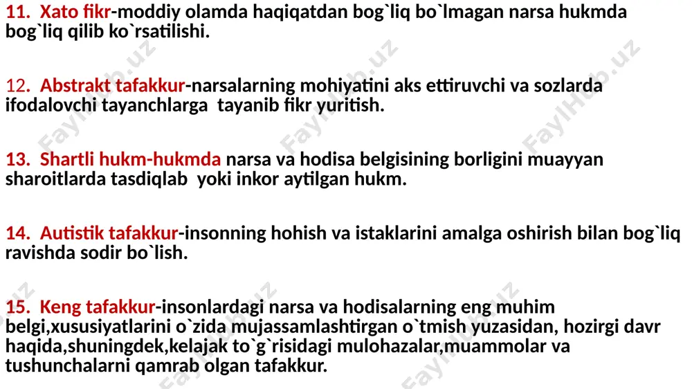 ni aniqlashga asoslangan jarayon? a)sintez b)analiz c)taqqoslash 12. insonning hohish va istaklarini amalga oshirish bilan bog`liq ravishda sodir bo`ladigan jarayon? a)autistik tafakkur b)realistik ntafakkur c)vizual tafakkur 13. narsalarning mohiyatini aks ettiruvchi va so`zlarda ifodalovchi tushunchalarga tayanib fikr yuritish bu? a)nazariy tafakkur b)abstrakt tafakkur c)umumlashgan tafakkur 14. belgining biror turkimigagina taalluqliligini tasdiqlovchi yoki inkor qiluvchi hukm nima? a)juz’iy hukm b)voqelik hukmi c)shartli hukm 15. “tafakkur insonning shunday aqlliy faoliyatidirki, bu faoliyat voqelikni eng aniq,to`liq, umumlashtirib aks ettirishga,insonni oqilona amaliy faoliyat bilan shug`ullanishiga imkon beradi.” ushbu ta’rif kimning darsligida keltirilgan? a)m.v.gamezov b)a.v.petroviskiy c)p.i.ivanov test javoblari 1 2 3 4 5 6 7 8 9 10 11 12 13 14 15 b a c c a a b a a c c a a a c /docprops/thumbnail.jpeg