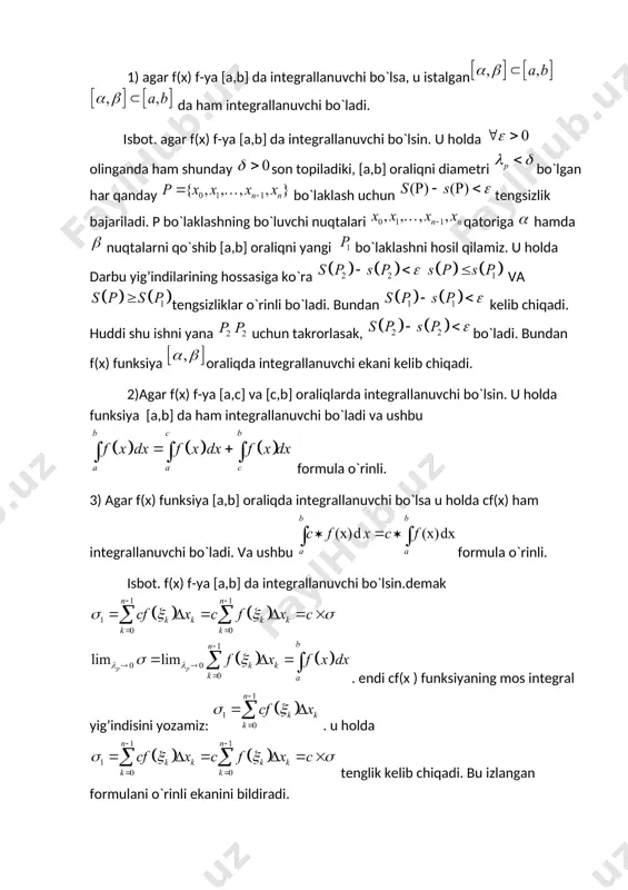 grallar va ularning yaqinlashishi f(x) funksiya da berilgan bo`lib bu oraliqning istalgan [a,t] qismida integrallanuvchi bo`lsin.ya’ni ixtiyoriy t(t>a) uchun ushbu integral mavjud bo`lsin. tarif. agar da f(t) funksiyaning limiti mavjud bo`lsa bu limit f(x) funksiyaning oraliq bo`yicha xosmas integrali deyiladi va kabi belgilanadi. tarif. agar da f(t) funksiyaning limiti mavjud bo`lib u chekli bo`lsa shu xosmas integral yaqinlashuvchi deyiladi, f(x) esa cheksiz da oraliqda integrallanuvchi deyiladi. agar da f(t) funksiyaning limiti mavjud bo`lmasa yoki limiti cheksiz bo`lsa xosmas integral uzoqlashuvchi deyiladi. teorema. va funksiyalar da berilgan bo`lib, da bo`lsin, u holda yaqinlashuvchi bo`lsa, yaqinlashuvchi bo`ladi. ushbu teoremaga asosan ning ham yaqinlashuvchi ekanini topamiz teorema. va funksiyalar da , bo`lib, da () bo`lsin. va funksiyalar uchun a) agar vayaqinlashuvchi bo`lsa, integral ham yaqinlashuvchi bo`ladi b) agar vauzoqlashuvchi bo`lsa, integral ham uzoqlashuvchi bo`ladi. ushbu teoremaga foydalanib, berilgan xosmas integralni uzoqlashuvchi ekanini topamiz. teorema. agar da funksiya ga nisbatan tartibli cheksiz kichik bo`lsa, …