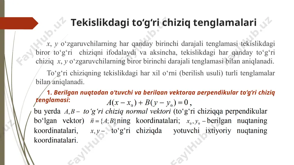 tomonini normallovchi ko‘paytuvchi dеb ataluvchi songa ko‘paytirsak, to’g’ri chiziqning normal tenglamasini olish mumkin, bunda m ko‘paytuvchining ishorasi c koffitsiyentning ishorasiga qarama-qarshi qilib tanlanadi. ikki to’g’ri chiziq orasidagi burchak ikki to‘g‘ri chiziq orasidgi j burchak to‘g‘ri chiziqlar tenglamalarining ko‘rinishi asosida topiladi. ikki to‘g‘ri chiziqning perpendikularlik sharti tekislikdagi ikki to‘g‘ri chiziqning perpendikularlik shartlarini ikki to‘g‘ri chiziq orasidagi burchakni topish formulalaridan kеltirib chiqaramiz. to‘g‘ri chiziq tenglamalarining ko‘rinishiga qarab, ularning perpendikular bo‘lishi quyidagi shartlardan biri bilan aniqlanadi: ikki to‘g‘ri chiziqning parallellik sharti nuqtadan to‘g‘ri chiziqqacha bo‘lgan masofa nuqtadan to‘g‘ri chiziqqa tushirilgan pеrpеndikularning uzunligiga nuqtadan to‘g‘ri chiziqqacha bo‘lgan masofa deyiladi. 1.7-misol. 3x + 4y - 4 = 0 va 6x + 8y + 5 = 0 parallel to‘g‘ri chiziqlar orasidagi masofani toping. yechish. 3x + 4y - 4 = 0 to‘g‘ri chiziqda ixtiyoriy, masalan m (0;1)nuqtani olamiz. u holda berilgan parallel to‘g‘ri chiziqlar orasidagi d masofa m (0;1) nuqtadan 6x + 8y + 5 = …