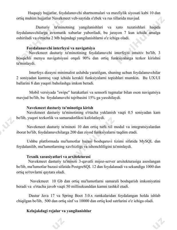 bu jarayon 7 kun ichida amalga oshiriladi va o'rtacha 2 mb hajmdagi yangilanishlarni o'z ichiga oladi. foydalanuvchi interfeysi va navigatsiya navekmeet dasturiy ta'minotining foydalanuvchi interfeysi intuitiv bo'lib, 3 bosqichli menyu navigatsiyasi orqali 90% dan ortiq funksiyalarga tezkor kirishni ta'minlaydi. interfeys dizayni minimalist uslubda yaratilgan, shuning uchun foydalanuvchilar 2 soniyadan kamroq vaqt ichida kerakli funksiyalarni topishlari mumkin. bu ux/ui ballarini 8 dan yuqori baholashga imkon beradi. mobil versiyada "swipe" harakatlari va sensorli tugmalar bilan oson navigatsiya mavjud bo'lib, bu foydalanuvchi tajribasini 15% ga yaxshilaydi. navekmeet dasturiy ta'minotiga kirish navekmeet dasturiy ta'minotining o'rtacha yuklanish vaqti 0.5 soniyadan kam bo'lib, yuqori tezkorlik va samaradorlikni kafolatlaydi. navekmeet dasturiy ta'minoti 10 dan ortiq turli xil modul va integratsiyalardan iborat bo'lib, foydalanuvchilarga 200 dan ziyod funksiyalarni taqdim etadi. ushbu platformada ma'lumotlar bazasi boshqaruvi tizimi sifatida mysql dan foydalanilib, ma'lumotlarning xavfsizligi va ishonchliligini ta'minlaydi. texnik xususiyatlari va arxitekturasi navekmeet dasturiy ta'minoti 3-qavatli mijoz-server arxitekturasiga asoslangan bo'lib, ma'lumotlar …