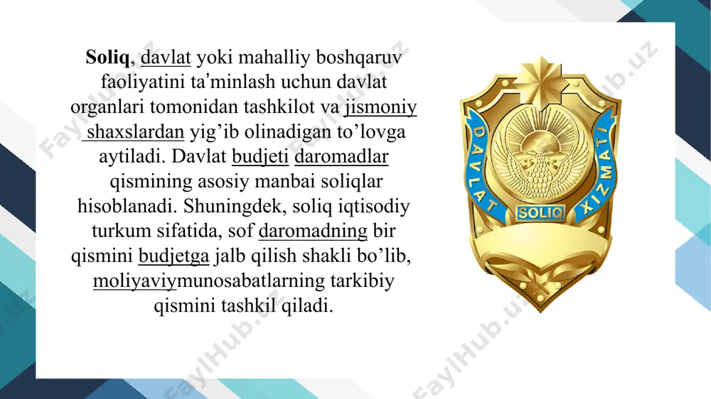 cha harakatlar strategiyasi to’g’risida"gi 2017 yil 07-fevral pf-4947-sonli2 va "2022-2026 yillarga mo’ljallangan yangi o’zbekiston taraqqiyot strategiyasi to’g’risida"gi 2022 yil 28-yanvar pf-60-sonli3 farmonilari asosida belgilangan soliq yukini kamaytirish va soliq solish tizimini soddalashtirish, soliq ma’muriyatchiligini takomillashtirish vazifalarini amalga oshirish maqsadida, shuningdek, keng jamoatchilik muhokamasi natijalari hamda xalqaro valyuta jamg’armasi, jahon banki va xalqaro ekspertlarning tavsiyalaridan kelib chiqib quyidagilar o’zbekiston respublikasining soliq siyosatini takomillashtirish asosiy yo’nalishlari etib belgilandi; iqtisodiyotga soliq yukining darajasini kamaytirish, shuningdek, soliq solishning soddalashtirilgan va umumbelgilangan tizimi bo‘yicha soliqlarni to‘laydigan xo‘jalik yurituvchi subyektlar o‘rtasidagi soliq yuki darajasidagi nomutanosibliklarni bartaraf etish; soliqlarni unifikatsiya qilish orqali ularning sonini optimallashtirish, shuningdek, o‘xshash soliq solish bazasiga ega bo‘lgan soliqlarni birlashtirish, soliq hisobotlarini qisqartirish va soddalashtirish, operatsion xarajatlarni minimallashtirish; makroiqtisodiy vaziyatning barqarorligini, o‘zbekiston respublikasi davlat byudjeti va uning daromadlarini shakllantirishning mustahkamligini ta’minlash; soliq qonunchiligini soddalashtirish, soliq munosabatlari sohasida normativ-huquqiy hujjatlardagi qarama-qarshiliklar va ziddiyatlarni bartaraf etish, insofli soliq to‘lovchilarning huquqlari va qonuniy manfaatlari himoyasini kuchaytirish; …