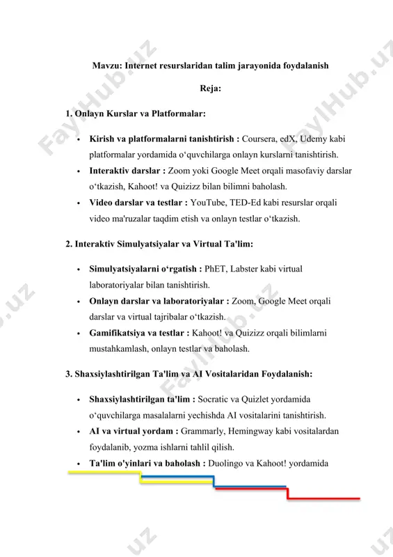 atformalar: · coursera, edx, udemy kabi platformalar orqali talabalar dunyo bo'ylab nufuzli universitetlardan, mutaxassislar va o'qituvchilardan sifatli ta'lim olishlari mumkin. bu platformalar video darslar, testlar, ma'ruzalarga kirish imkonini beradi. 2. tayyorlangan ta'lim materiallari: · youtube va khan academy kabi platformalarda o'qituvchilar va ta'lim resurslari tomonidan tayyorlangan video darsliklar mavjud. bu resurslar murakkab mavzularni oddiy va tushunarli qilib taqdim etadi. 3. elektron kitoblar va maqolalar: · o'quvchilar google books, project gutenberg kabi manbalar orqali bepul elektron kitoblar va ilmiy maqolalarga kirish imkoniyatiga ega. bu, ayniqsa, tarix, adabiyot va boshqa sohalarda foydalidir. 4. internet orqali muloqot va hamkorlik: · onlayn forumlar va guruhlar orqali o'qituvchilar va talabalar bir-biri bilan fikr almashishadi. reddit, quora va stack exchange kabi platformalar o'qish jarayonida yordam olish uchun ajoyib joylardir. 5. onlayn testlar va baholash: · google forms, quizlet, kahoot! kabi vositalar yordamida o'qituvchilar talabalar bilimini baholash, testlar tashkil qilish va o'quvchilarning muvaffaqiyatini tahlil qilish imkoniga ega. …