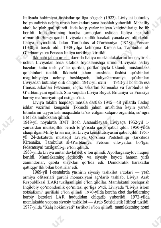 mahalliy aholi italiya mustamlakachilariga qattiq qarshilik koʻrsatdi. birinchi jahon urushi davrida italiya oʻz qoʻshinlarining bir qismini liviyadan olib chiqib ketishga majbur boʻldi. italiya qoʻl ostida faqat hims, tarobulus al-gʻarb va bingʻozi shaharlari qoldi. bu vaqtda kirenaika hududi sanusiya tariqati qoʻl ostida edi. 1918-yil tarobulus al-gʻarbtaniya respublikasi eʼlon qilindi. italiya hukumati oʻz mustamlakalaridan ajralib qolishdan qoʻrqib, sanusiya tariqati boshligʻi idris as-sanusiyni kirenaika hukmdori deb tan olishga, tarobulus al-gʻarbtaniya respublikasiga muxtoriyat huquqi berishga majbur boʻldi. 1922-yil idris as-sanusiy kirenaika va tarobulus al-gʻarbtaniya amiri deb eʼlon qilindi. https://uz.wikipedia.org/wiki/birinchi_jahon_urushi https://uz.wikipedia.org/wiki/birinchi_jahon_urushi italiyada hokimiyat fashistlar qoʻliga oʻtgach (1922), liviyani butunlay boʻysundirish uchun urush harakatlari yana boshlab yuborildi. mahalliy aholi koʻplab qatl qilindi. juda koʻp yerlar italyan kelgindilariga boʻlib berildi. iqtisodiyotning barcha tarmoqlari ustidan italiya nazorati oʻrnatildi. bunga qarshi liviyada ozodlik harakati yanada avj olib ketdi. italiya qiyinchilik bilan tarobulus al-gʻarbtaniya (1928), fetssan (1930)ni bosib oldi. 1939-yilga kelibgina kirenaika, tarobulus al- gʻarbtaniya va fetssan italiya tarkibiga kiritildi. …