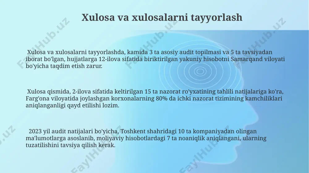 l audit hujjatlarini toshkent shahridagi arxivga topshirish muddati 30-iyun bo'lib, bu hujjatlar raqamlanishi va maxsus papkalarda saqlanishi kerak. farg'ona viloyatida o'tkazilgan audit tekshiruvlari bo'yicha 500 dan ortiq hujjat elektron shaklda ham, qog'oz ko'rinishida ham saqlanadi va ularning har biri inventarizatsiya raqamiga ega. xujjatlarni saqlash muddati, o'zbekiston respublikasi qonunchiligiga asosan, kamida 10 yilni tashkil etadi va bu hujjatlar samarqanddagi markaziy omborda saqlanadi. reja tuzish va manbalarni aniqlash reja va manbalarni aniqlash jarayoni kamida 7 kun davom etadi va toshkent shahridagi auditorlik kompaniyasining qo'llanmalariga asoslanadi. manbalarni aniqlashda 3 ta ichki hujjat va 10 ta tashqi manbadan, jumladan, soliq inspektsiyasi ma'lumotlaridan foydalaniladi. reja tuzishda 2023-yil uchun moliyaviy hisobotlarni tahlil qilish va 5 ta asosiy mijozning ma'lumotlar bazasini samarqand viloyatidan olish zarur. sifat nazorati va tekshiruv 2023 йилда тошкент шаҳридаги 5 та корхонада ўтказилган текширувлар натижалари кўрсатдики, "сифат назорати ва текширув" жараёнларининг самарадорлигини ошириш учун камида 10% қўшимча инвестициялар керак. сурхондарё вилоятидаги 3 та …
