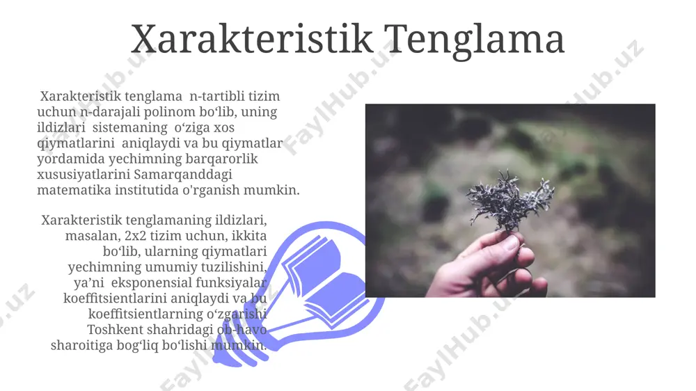 erensial tenglamalar sistemasi 3 ta xususiy yechimga ega bo'lishi mumkin, bu esa 12 ta o'zgaruvchili bir jinsli tenglamaga olib kelishi mumkin. samarqanddagi matematika institutlarida bunday masalalar ko'rib chiqiladi. sistemani yechishning raqamli usullari kratniy usullar, masalan, adams-bashforth usuli, 2- yoki 3-tartibli aniqlikni ta'minlaydi va andijon viloyatidagi murakkab muhandislik masalalarini 0,05 qadam bilan yechish uchun mos keladi. euler usuli, oddiy bo'lishiga qaramay, 1-tartibli aniqlikka ega va 0.01 qadam bilan katta hajmdagi sistemasini yechishda samaradorligi past bo'ladi, samarqanddagi hisoblash markazlarida kam qo'llaniladi. lineer differensial tenglamalar sistemasi ta'rifi sistemaning yechimi, masalan, 3 o'zgaruvchili 3 tenglamadan tashkil topgan sistema uchun, x, y va z funksiyalarining vaqtga bog'liqlik koeffitsientlarini o'z ichiga olgan umumlashtirilgan vektor yoki matritsa shaklida ifodalanishi mumkin, shu kabi yechimlarni topishda matematik dasturlar yordamida raqamli hisoblashlarni amalga oshirish mumkin lineer differentsial tenglamalar sistemasi, masalan, 2 ta noma'lum funksiya va 2 ta tenglama bo'lgan birinchi tartibli tenglamalar to'plami sifatida 2-tartibli bitta tenglamaga ekvivalent bo'lishi mumkin, …