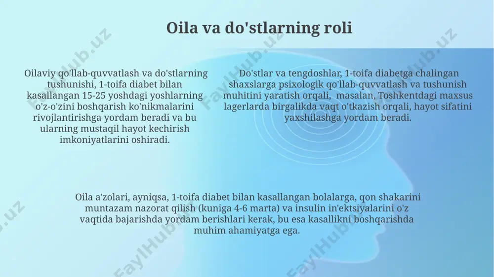 jalb qildi. 1-toifa diabetni davolashda sun'iy pankreas texnologiyalari bo'yicha o'tkazilgan tadqiqotlar, 2023-yilda aqshning bir nechta klinikalarida 500 dan ortiq bemorlar bilan o'tkazilib, muvaffaqiyatli natijalar ko'rsatdi. jismoniy mashqlar regular jismoniy mashqlar, masalan, haftada 5 kun, har kuni 30 daqiqa davomida velosipedda yurish, insulin sezgirligini 15-25% ga oshirishi va uzoq muddatli asoratlardan himoya qilishi mumkin, xalqaro tadqiqotlar natijalariga ko'ra. jismoniy mashqlar qondagi glyukoza miqdorini 30-60 minut davomida 20-40% ga kamaytirishi mumkin, bu esa insulin ehtiyojini o'zgartirishi mumkin. samarqanddagi tadqiqotlar buni tasdiqlaydi. 15 daqiqalik yengil yurishdan keyin ham qondagi shakar miqdori sezilarli darajada pasayishi kuzatilgan, ayniqsa, toshkentdagi diabet markazining ma'lumotlariga ko'ra. bu glyukozaning mushaklar tomonidan iste'mol qilinishini ko'rsatadi. tashxis qo'yish usullari 1-chi tipdagi diabetning tashxisi qon tekshiruvi orqali, aniqrog'i, qonda glyukoza miqdorini o'lchash orqali qo'yiladi. qondagi glyukoza darajasi 7 mmol/l dan yuqori bo'lsa, bu diabetga shubha qilish uchun asos bo'ladi. qo'shimcha tekshiruvlar, masalan, glyukoza tolerantligi testi, toshkentdagi klinikalarda amalga oshiriladi. asosiy alomatlar, kunduzi …