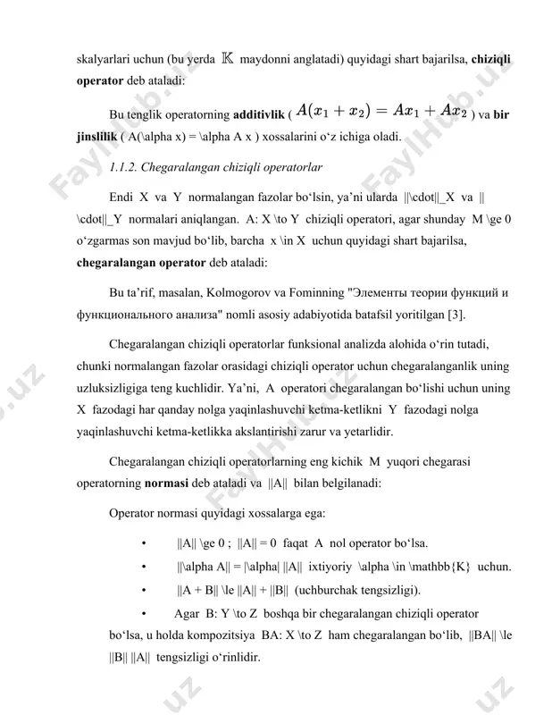 ha \in \mathbb{k} uchun. · ||a + b|| \le ||a|| + ||b|| (uchburchak tengsizligi). · agar b: y \to z boshqa bir chegaralangan chiziqli operator bo‘lsa, u holda kompozitsiya ba: x \to z ham chegaralangan bo‘lib, ||ba|| \le ||b|| ||a|| tengsizligi o‘rinlidir. bu xossalar shuni ko‘rsatadiki, x dan y ga ta’sir qiluvchi barcha chegaralangan chiziqli operatorlar to‘plami operator normasi bilan normalangan vektor fazosini tashkil etadi. agar y banax fazosi bo‘lsa (ya’ni, normalangan va to‘la), u holda x {math> dan y ga ta’sir qiluvchi barcha chegaralangan chiziqli operatorlar fazosi l(x, y) ham banax fazosi bo‘ladi. bu muhim natija funksional analizning ko‘plab teoremalari uchun asos bo‘lib xizmat qiladi. xususan, agar x = y bo‘lsa, l(x) belgilanadi va u chegaralangan chiziqli operatorlarning yopiq assotsiativ algebrasi hisoblanadi. bu algebra spektral nazariyaning asosiy o‘rganish ob’ektidir. reed va simonning ishidagi 1-tomda bu tushunchalar batafsil ochib berilgan [1]. 1.1.3. operatorlarning kuchliliklari chiziqli operatorlar uchun turli xil yaqinlashish …