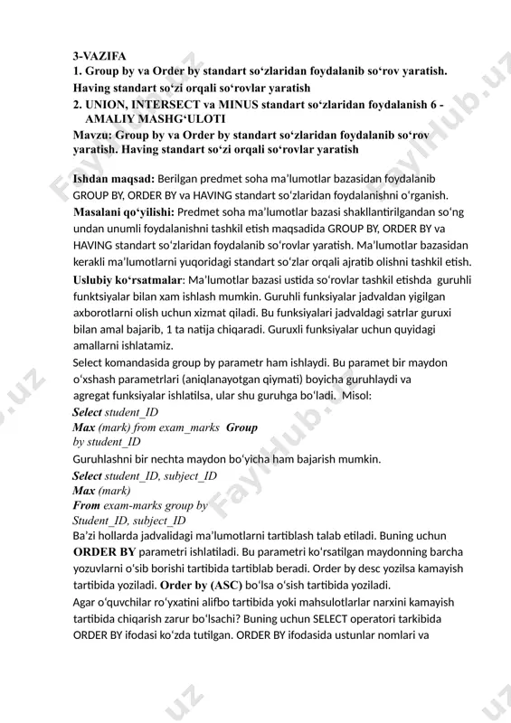 rcha yozuvlarni o‘sib borishi tartibida tartiblab beradi. order by desc yozilsa kamayish tartibida yoziladi. order by (asc) bo‘lsa o‘sish tartibida yoziladi. agar o‘quvchilar ro‘yxatini alifbo tartibida yoki mahsulotlarlar narxini kamayish tartibida chiqarish zarur bo‘lsachi? buning uchun select operatori tarkibida order by ifodasi ko‘zda tutilgan. order by ifodasida ustunlar nomlari va nomerlari hamda desc, asc predikatlarini qo‘llab, murakkab tartiblash shartlarini hosil qilish mumkin. misol: 1. select* from subject order by subj_name 2. select*from subject order by subj-name desc tartiblash bir nechta maydon uchun bajarilishi xam mumkin. bunda avval tartiblash 1-maydon bo‘yicha keyin 2-maydon bo‘yicha bajariladi. shuningdek order by parametri group by parametri bilan birga ishlatilishi mumkin. bunda order by so‘rovda oxiri keladi va unda guruxni ichidagi yozuvlarni tartiblaydi. misol: 1. select * from subject order by semester, subj-name; 2. select subj-name, semester, subj-name order by semester sql tili 1 ta so‘rov ichiga 2-so‘rovni joylashtirib ishlatish imkonini beradi. misol: birorta talabani familiyasi …