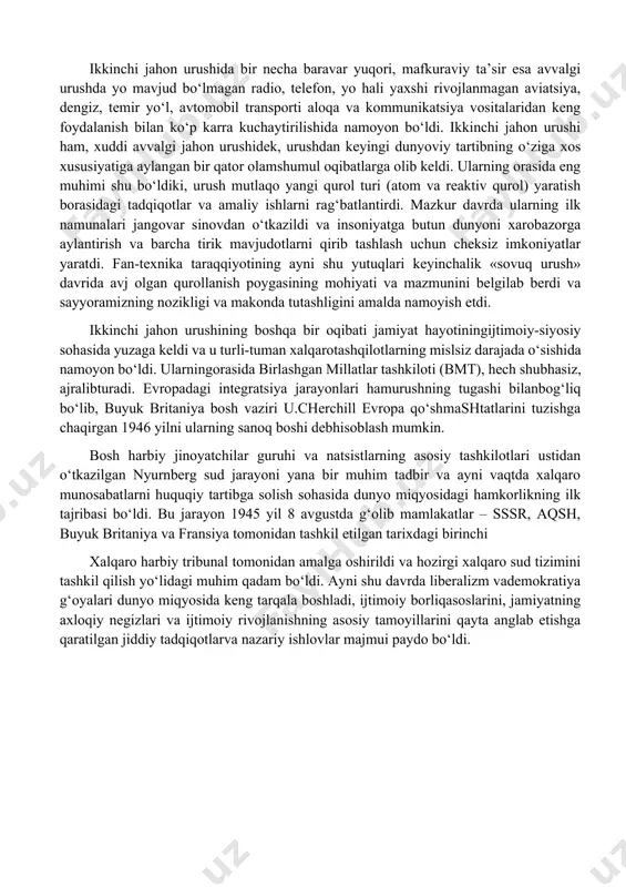 ositalarini, shuningdek ma’naviy jabha – madaniyat, fan va falsafani ham qamrab oldi. turli-tuman xalqaro tashkilotlar, forumlar, s’ezdlar, kongresslar vujudga kela boshladiki, bunga o‘sha davrda aloqa va ommaviy kommunikatsiya vositalarining faol rivojlanishi ham imkoniyat yaratdi. shunday qilib, amalda butun dunyo kuchli davlatlar va yirik monopoliyalar o‘rtasida keskin kurash va ta’sir doiralarini bo‘lib olish maydoniga aylandi va bu pirovardda birinchi jahon urushi boshlanishiga olib keldi. bu urushda jahonning ko‘p sonli xalqlari bevosita yoki bilvosita ishtirok etdi, chunki shu davrgacha dunyo miqyosida yuzaga kelgan iqtisodiy va siyosiy bog‘liqlik sayyoraning birorta ham yirik davlatiga urushdan yoki hech bo‘lmasa uning ta’siri va oqibatlaridan butunlay chetlashish imkonini bermas edi. bu mazkur davrdan e’tiboran tarix faqat evropa tarixi yoki, aytaylik, alohida xitoy, rossiya, amerika, g‘arb, sharqtarixi bo‘libgina qolmasdan, insoniyat tarixiga, ya’ni tom ma’nodagi jahon tarixiga ham aylanganidan dalolat beradi. 1918 yilda birinchi jahon urushining tugashi xalqaro maydonda kuchlarning yangicha nisbati yuzaga kelishiga sabab bo‘ldi va turli davlatlarning …
