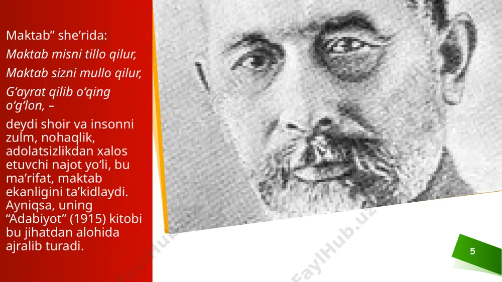 a, abdulla avloniy haqida toʻxtaladi. uning ibratomuz soʻzi va ishini misol qilib aytadi: “men abdulla avloniyning “tarbiya biz uchun yo hayot, yo mamot, yo najot, yo halokat, yo saodat, yo falokat masalasidir” degan fikrini koʻp mushohada qilaman,” – deb, bu muallimning bosib oʻtgan hayot yoʻlini yoshlarga ibrat qilib koʻrsatadi. ha, ana shunday maqtovga loyiq inson, oʻzbek madaniyatining ulkan vakillaridan biri, pedagog, jamoat arbobi va yozuvchi abdulla avloniy 1878yilda toshkent shahrida toʻquvchi oilasida dunyoga keldi. abdulla avloniy boshlangʻich diniy maktabda va madrasada oʻqidi, ilm-fanga ixlos qoʻydi. oʻzbek va boshqa sharq xalqlari adabiyotini berilib oʻrgandi. abdulla avloniy 14 yoshidan boshlaboq sheʼrlar yozishni mashq qila boshladi. uning bu davrda yozgan ilk sheʼrlari oʻsha davr vaqtli matbuot sahifalarida bosilib turdi. abdulla avloniy xalqni ilm-fan nurlaridan bahramand qilishni oʻzining birdan bir burchi deb bildi va 1904yilda oʻzi yashab turgan joyda – mirobodda maktab ochdi. abdulla avloniy maktab har tomonlama bolani oʻziga tortishi uchun harakat qiladi. …