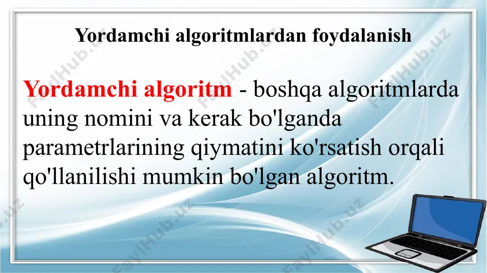 ish algoritmi. 1. dastur buyruqlari bir necha marta takrorlanishi kerak doiralar qatorlari. qatorlar soni oynaning balandligi bilan belgilanadi. chizma biz bir qatorni yordamchi algoritm qatori sifatida loyihalashtiramiz . 2. har qanday aylana qatorining joylashuvi y koordinatasi bilan aniqlanadi . uchun aylanmaguncha y ning har bir qiymati vertikal o'lchamdan kattaroq ekranda biz tsiklda quyidagilarni bajaramiz: 1) doiralar qatorini chizish; 2) y ni o'zgartirish . iv. o‘zgaruvchilar tavsifi: x , y , r — butun son . 14 3- vazifani bajarish bosqichlari v. dastur: uses graphabc; var x,y,r:integer; procedure row(y:integer); begin x:=10; r:=10; while x<windowwidth do begin circle(x,y,r); x:=x+20; end; end; begin y:=10; while y<= windowheight do begin row(y); y:=y+20; end; end. 15 e’tiboringiz uchun rahmat image2.png image3.png image4.png image1.jpeg /docprops/thumbnail.jpeg