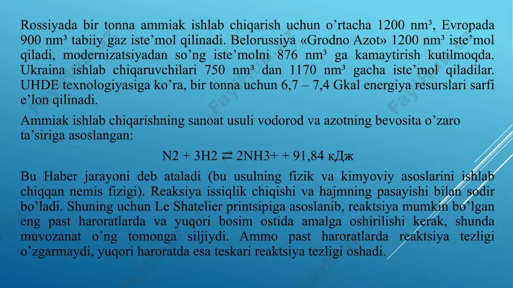 kiradi, qayta ishlash qozonidan keyin gazlar ekonomayzer va suvsovutgichida 55 ºc gacha sovutiladi.soviganida, suv bug‘lari 40-45% nitrat kislota hosil qiladi, bu esa nitrozli gazlarbilan birgalikda gaz yuvish qurulmasiga beriladi. yuvgichda sovutish bilan bir vaqtdanitroz gazlarni nitrit-nitrat tuzlaridan yuvish sodir bo‘ladi va nitrat kislotaningkondensatsiyasi sodir bo‘ladi.qurilmaning pastki qismidagi kislota absorbsiya kolonnasiga kiradi va yuvilgangazlar kompressorada 11-12,6 mpa bosimgacha siqiladi, bunda isitish 210-230 °cgacha olib boriladi. azotli oʻgʻitlar – tarkibida azot boʻlgan va oʻsimliklarning azot bilan oziqlanish manbai sifatida qoʻllaniladigan moddalar. a.oʻ. 1914–18 yillarda ammiakni havodagi azot va vodoroddan sintezlash sanoat miqyosida oʻzlashtirilganidan keyin kimyo sanoatida ishlab chiqarildi. oʻzbekistonda birinchi marta chirchiq elektr kimyo kombinatida 1940-yilda ishlab chiqarilgan. fargʻona azotli oʻgʻitlar zavodi, navoiy kimyo kombinatida asosiy turdagi a.oʻ. ishlab chiqariladi. oʻzbekiston respublikasi kimyo sanoatining a.oʻ. ishlab chiqarish boʻyicha yillik quvvati 2,8 mln. t (1995-yilda 1012,1 ming t azotli oʻgʻitlar ishlab chikarildi; 100% oziq-modda hisobida). a.oʻ. organik (goʻng, torf, kom-post), mineral (ammiakli selitra, …