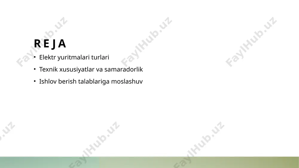 amaradorlik ko'rsatkichlari elektr yuritmalarning tezligi, momenti va energiya iste'moli bilan bog'liq bo'lib, yuqori qiymatlar ishlab chiqarish samaradorligini oshiradi. 03 iqtisodiy foyda elektr yuritmalardan foydalanish ishlab chiqarish xarajatlarini kamaytiradi va resurslarni optimallashtiradi, bu esa kompaniya daromadlarini oshirishga yordam beradi. 04 innovatsion yechimlar zamonaviy texnologiyalar yordamida elektr yuritmalarda innovatsion yechimlar, masalan, aqlli boshqaruv tizimlari, samaradorlikni yanada oshirishga xizmat qiladi. ishlov berish talablariga mos keladigan elektr yuritmalari: asosiy xususiyatlar. 1 elektr yuritmalarining turlari ishlov berish talablariga mos keladigan elektr yuritmalari asosan ac va dc turlarini o'z ichiga oladi, har biri o'ziga xos afzalliklari bilan ajralib turadi. 2 energiya samaradorligi elektr yuritmalari energiya samaradorligini oshirish uchun yuqori koeffitsientlarga ega bo'lishi kerak. bu, ishlab chiqarish jarayonida xarajatlarni kamaytiradi va resurslardan samarali foydalanishga yordam beradi. 3 iqlimga moslashuvchanlik ishlov berish sharoitlari turli iqlim va muhit sharoitlariga mos kelishi lozim. yaxshi elektr yuritmalari har qanday sharoitda ishlashga qodir bo'lishi kerak. turli ish sharoitlari uchun elektr yuritmalarning moslashuvchanligi. …