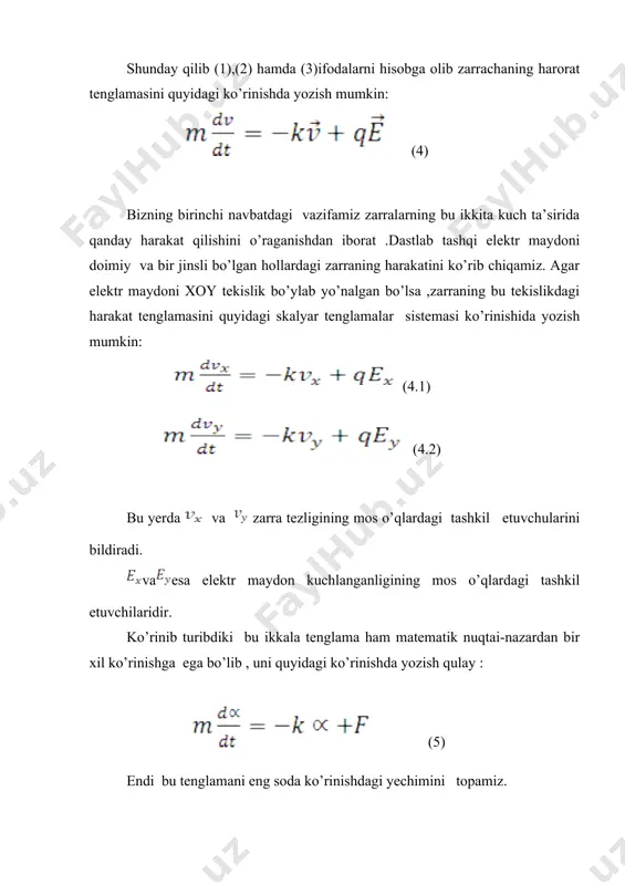 rib chiqarilgan (5) harakat tenglamasidan foydalanamiz .bu tenglamaning yechimi (11) ko’rinishda izlaymiz. bu yerda - ushbu tenglamaning tashqi kuch doimiy bo’lgan holdagi yechimini bildiradi . f(t) esa vaqtga bog’liq kuchning ta’sirini inobatga oladi . u holda , (12) ekanligini inobatga olib , hamda (11) tenglamadan foydalanib quyidagi maunosabatni hosil qilamiz: (t) (13) dastlab oxirgi tenglamaning f=0 bo’lgan holdagi ya’ni plazmada elektr maydoni ta’sir qailmagan holdagi yechimini topamiz. (14) ya’ni, (15) oxirgi tenglamaning yechiminiquyidagicha toppish qiyin emas: (16) endi bu tenglamaning har ikkala tomonini alohida –alohida integrallab quyidagi natijani hosil qilamiz: (17) bu yerda α0- zarracha tezligining boshlang’ich qiymatini bildiradi. natijada: demak , tashqi elektr maydoni bo’lmaganda plazmadagi zarralarning tezliklari vaqt o’tishi bilan eksponensial tarzda 0 ga intiladi. endi oxirgi natijadan foydalanib umumiy ko’rinishdagi (13) tenglamaning yechimini topishga harakat qilamiz. (18) bu tenglamani m ga bo’lib uni quyidagi ko’rinishda yozamiz. (19) natija :demak , biz izlayotgan α0(t) funksiya quyidagi tenglama yordamida …