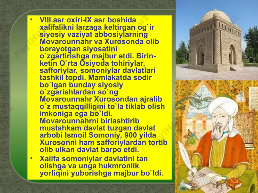 iy materiallarni umumlashtirgan xolda yetarli ishlanmagan. markaziy osiyo mintaqasidagi uyg'onish xaqida gap borganda ix-xii asrlar avvalo xorijiy madaniyat va qaror topgan islomiy eti'qodga nisbatan rivojlangan va boyigan qadimiy madaniyat negizida milliy uyg'onish deb qaralmog'i lozim. markaziy osiy uzoq yillik tarixida ko'p bosqin va talonchiliklarni ko'rdi, ularga qarshi ozodlik va mustaqillik uchun kurash olib bordi. xaqiqat shundaki, xar bir bosqindan so'ng milliy davlatchilik va madaniyat tiklandi. mustaqillikka intilish g'oyasi va xarakati o'zga xalqlar tomonidan yaratilgan madaniyatlarni inkori emas. markaziy osiyo madaniyatida umuminsoniy axamiyatga molik jamiki madaniyat yutuqlari ijodiy uyg'unlashganidek, ayni paytda mintaqa madaniyati boshqa xalqlar madaniyatlariga samarali ta'sir ko'rsatdi va ularni boyitdi. x-xii asrlarda markaziy osiyo mintaqasida madaniyat yuksalishi parvoz bosqichga chiqqanligi to'g'risida gap borar ekan, ayni shu xudud jaxonni xayratga solgan buyuk mutafakkirlarni yetishtirib berganligi, ilm-ma'rifat, betakror kashfiyotlar beshigi- tarixda «musulmon madaniyati», «arab madaniyati» deb nomlangan tushunchalar bilan baxolangani bejiz emas. o'rta asr tarixchilari va sayyoxlari ushbu davrda markaziy osiyoda …