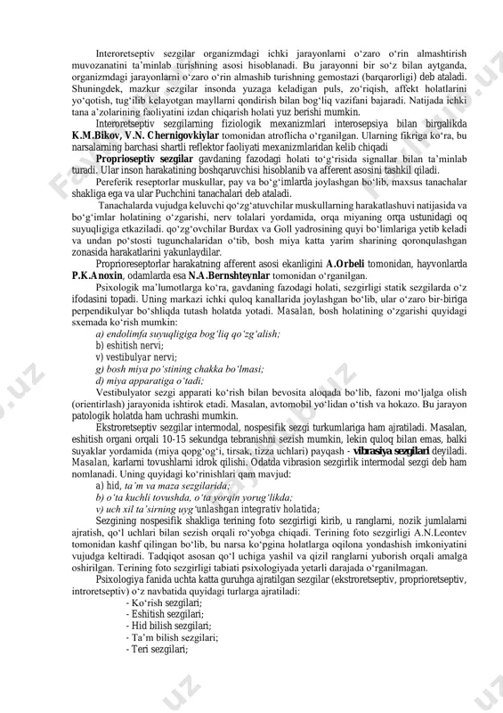 hki holatida ham amalga oshiriladi. sezgi nerv tizimining u yoki bu qo‘zg‘atuvchidan ta’sirlanuvchi reaksiyalari tarzida hosil bo‘ladi va har qanday psixik hodisa kabi reflektorlik xususiyatiga egadir. sezgilarning nerv - fiziologik asosini qo‘zg‘atuvchining o‘ziga aynan o‘xshaydigan analizatorga ta’siri natijasida hosil bo‘ladigan nerv jarayoni tashkil qiladi. shuningdek, sezgilarning nerv fiziologik asosini o‘rganishda i.p.pavlov ta’biri bilan aytganda analizator apparati tashkil etadi. analizator - tashqi va ichki muhitdan keladigan ta’sirotlarni qabul qilib olib, fiziologik jarayon bo‘lgan qo‘zg‘alishni psixik jarayonga, ya’ni sezgilarga aylantiruvchi nerv mexanizmlari tizimi. analizator apparati 3 qismdan tashkil topgan bo‘lib, ular quyidagilardan iborat:  periferik (reseptor) - tashqi quvvatni nerv jarayoniga o‘tkazadigan maxsus transformator qismi;  analizatorning periferik bo‘limining markaziy analizator bilan bog‘laydigan yo‘llarni ochadigan afferent (markazga intiluvchi) va efferent (markazdan qochuvchi) nervlar;  analizatorning periferik bo‘limlaridan keladigan nerv signallarining qayta ishlanishi sodir bo‘ladigan qobiq osti va qobiq bo‘limlari. analizatorning qobiq bo‘limida reseptor hujayralarining asosiy qismi jamlangan o‘zak, ya’ni markaziy qism va …