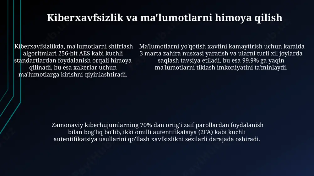 bu esa biznesga tezkor qarorlar qabul qilishda yordam beradi. real vaqt rejimida katta ma'lumotlarni qayta ishlash spark kabi vositalar yordamida amalga oshiriladi, bu esa soniyalarda javob olish imkonini beradi, va bu biznes uchun muhim ahamiyatga ega. katta ma'lumotlar tahlili algoritmlari, masalan, mashinani o'rgatish va chuqur o'rganish, 99% dan yuqori aniqlik bilan prognozlarni amalga oshirishga imkon beradi. kvant hisoblash kvant superpozitsiyasi va chambarchaslik kabi kvant mexanikasi tamoyillari, kvant hisoblash qurilmalarining hisoblash quvvatini sezilarli darajada oshirish imkonini beradi, bu esa murakkab hisoblashlarni amalga oshirishga yordam beradi. kvant hisoblash 50 dan ortiq kubitli kvant kompyuterlarini yaratishga qaratilgan global sa’y-harakatlar natijasida katta hajmdagi muammolarni, masalan, dori-darmonlarni loyihalashtirish va materiallarni o’rganishni tezlashtirishga imkon beradi. kvant hisoblash 50 dan ortiq kubitli kvant kompyuterlarini yaratishga qaratilgan global sa’y-harakatlar natijasida katta hajmdagi muammolarni, masalan, dori-darmonlarni loyihalashtirish va materiallarni o’rganishni tezlashtirishga imkon beradi. o'yin dasturlash texnologiyalari o'yinlarni ishlab chiqishda sun'iy intellekt algoritmlari, masalan, a yoki minimax algoritmlari o'yinchi xatti-harakatlarini …