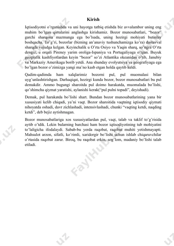 ngan iqtisodiyotda ham saqlangan. o’zini-o’zi mahsulot bilan ta’minlash hozirgi qishloqda ham mavjud. xususan, dehqonlar xo’jaligida yetishtirgan mahsulotning bir qismi xo’jalikning o’zida iste’mol etiladi. natural ishlab chiqarish iqtisodiy ravnaqni ta’minlay olmaganligi uchun uning o’rniga tovar ishlab chiqarish keladi. natural va yarim natural dehqon xo’jaligi davrida tovar ishlab chiqarish garchi ma’lum darajada rivojlangan bo’lsada, qishloqlar o’rtasidagi iqtisodiy munosabatlarning asosiy shakliga aylangan emas edi. ammo u sekin-asta kengayib borgan va natijada ishlab chiqarishning asosiy shakliga aylangan. tovar xo’jaligi natural xo’jalikdan farqli o’laroq, mahsulot ishlab chiqaruvchilar bilan iste’mol qiluvchilarning bozor orqali tovarlarni olish-sotish orqali aloqa qilishini taqozo qiladi. demak, ishlab chiqarilgan mahsulotlar tovar sifatida bozorda pul vositasida oldi-sotdi asosida ayirbosh qilinadi. tovar ishlab chiqarishning paydo bo’lishi qonuniy jarayon bo’lib, iqtisodiy zaruriyatni yuzaga keltirgan. demak, tovar ishlab chiqarish ob’ektiv asosda yuzaga keladi. uning omillari: mehnat taqsimoti, ya’ni mehnat turlari iqtisoslashadi, ma’lum bir xil mahsulotni ishlab chiqarishga moslashadi. shunday sharoitda ehtiyojni qondirish uchun o’z mahsulotini boshqa …