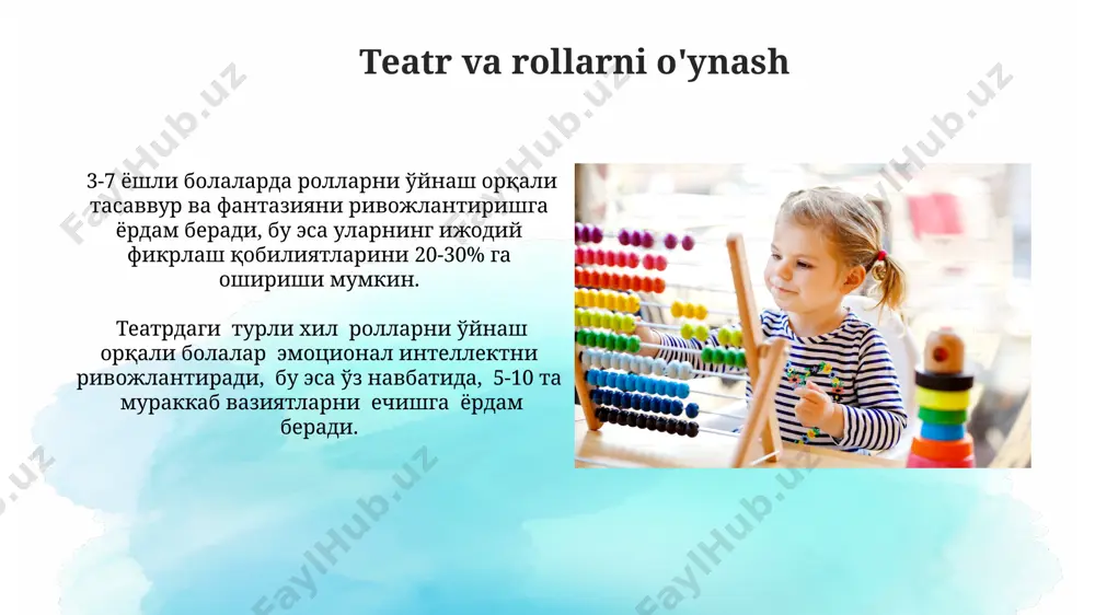 ari mumkin. 6-8 yoshli bolalar uchun kodlash asoslari va robototexnika vositalari 3d modellashtirish, oʻyin yaratish kabi murakkab ijodkorlik loyihalarini amalga oshirish imkonini beradi. oila va maktabning roli oila va maktabning hamkorligi, masalan, o'qituvchilar va ota-onalar o'rtasidagi muntazam uchrashuvlar (kamida 3 marta yilda) orqali bolaning ijodiy salohiyatini to'liqroq ochib berish va shaxsiy rivojlanishiga yordam beradi. maktab ijodkorlikni rivojlantirishda turli xil pedagogik texnologiyalar (masalan, loyihalar usuli, o'yin texnologiyalari) orqali yordam beradi va 7-12 yoshdagi bolalar uchun ijodiy fikrlashni rivojlantirishga qaratilgan maxsus dasturlarni amalga oshiradi. ijodkorlikni rivojlantirish usullari bolalarning 10-12 yosh oralig‘ida murakkab konstruktorlar yordamida fazoviy tasavvurini rivojlantirish, kompyuter grafikasi yoki animatsiya dasturlarini o‘rgatish kabi yangi texnologiyalardan foydalanish ijodkorlikni yanada chuqurroq rivojlantiradi. yoshga moslashtirilgan ijodkorlik o‘yinlari va mashqlari, masalan, 3-5 yoshdagi bolalar uchun sodda plastilin haykaltaroshligi, 6-8 yoshdagi bolalar uchun qo‘l mehnati texnikalarini o‘rgatish ijodkorlikni rivojlantirishda muhim ahamiyatga ega. adabiyot va hikoya yozish yosh bolalar (3-5 ёш) uchun sodda, takrorlanuvchi jumlalar va yorqin …