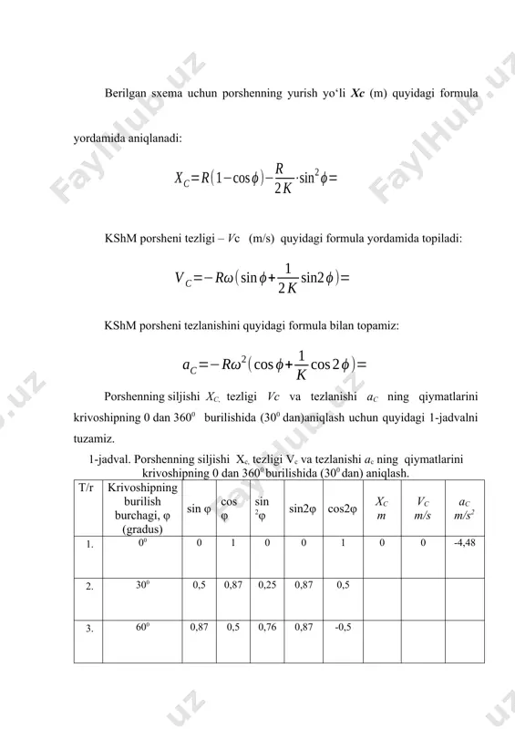 iruv savollari 1.mexanizm kinematik sxemasi nimani ko‘rsatadi va qanday tartibda quriladi? 2.mexanizm masshtabi qaysi formula yordamida aniqlanadi? tushintirib bering. 3.mexanizm porsheni siljishi xs, tezligi vs va tezlanish as qaysi formulalar yordamida aniqlanadi? bu formulalarni tahlil qilib bering. 4.porshenning harakat yo‘lining qaysi nuqtalarida porshen to‘xtab turadi? nima sababdan? 5. nima sababdan porshenning harakat yo‘lining qaysi nuqtalarida porshen tezligi vs =0 va tezlanishi as=0? sababini tushintirib bering. 6. nima sababdan porshen tezligi vs va tezlanishi as mexanizm krivoshipining harakati davomida o‘z yo‘nalishini o‘zgartiradi? tushintirib bering. 7. porshenning qaysi nuqtalarida uning tezligi vs=vmax va tezlanishi as=amax? nima sababdan bu hodisa yuz berishini, sxemadan foydalanib, tushuntirib bering. image5.wmf oleobject2.bin image6.wmf oleobject3.bin image7.wmf oleobject4.bin image1.jpeg image2.png image3.png image4.wmf oleobject1.bin = + - = ) sin2 2 1 sin ( j j w k r v s = + - = ) 2 cos 1 (cos 2 j j w k r a s 1 w …