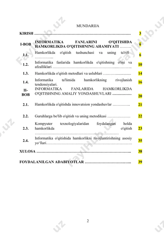 qilish va murakkab vazifalarni hal qilish ko‘nikmalarini rivojlantiradi bu esa nafaqat ta’lim jarayonining sifatini oshiradi balki o‘quvchilarning mustaqil fikrlashi va o‘z imkoniyatlariga bo‘lgan ishonchini mustahkamlaydi. informatika fanlarini o‘qitishda hamkorlikda o‘qitishning ahamiyati beqiyosdir sababi informatika bu nafaqat bilim balki jamoaviy ish va kommunikatsiya talab qiladigan yo‘nalishdir zamonaviy axborot texnologiyalarining rivojlanishi bilan jamoa bo‘lib ishlashga ehtiyoj yanada ortib bormoqda shuning uchun o‘quvchilarning dasturiy ta’minot yaratish muammolarni algoritmik hal etish va turli loyihalar ustida birgalikda ishlash qobiliyatini rivojlantirish zarur informatika fanlarida hamkorlikda o‘qitish texnologiyalarini qo‘llash o‘quvchilarda innovatsion fikrlashni shakllantiradi va ularni bo‘lajak kasbiy faoliyatga tayyorlaydi. hamkorlikda o‘qitish metodlari o‘qituvchilarning ham malakasini oshirishda yordam beradi bu yondoshuv orqali pedagoglar o‘quv jarayonini o‘quvchilarning qiziqishlariga moslashtirish o‘quvchilarning individual ehtiyojlarini hisobga olish va ta’lim samaradorligini oshirish imkoniyatiga ega bo‘ladilar bunda guruhdagi har bir ishtirokchining fikri va ishi muhim sanaladi o‘quvchilar birgalikda ishlash orqali o‘z bilimlarini mustahkamlash bilan birga boshqalar bilan o‘zaro muloqotni kuchaytiradi va tajriba almashadi. informatika …