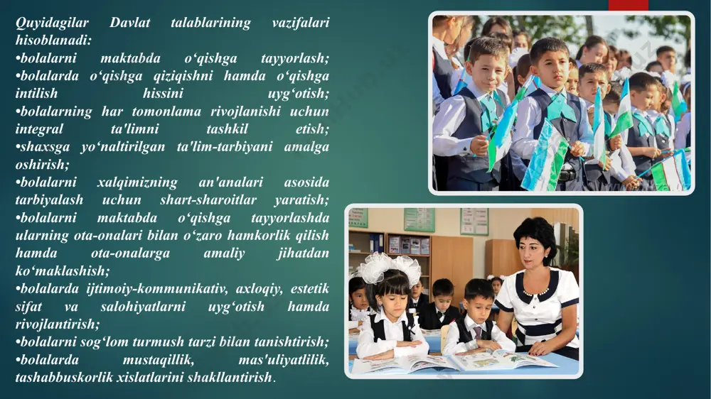 htirish (badiiy estetik, musiqiy ko‘nikmalarni rivojlantirish). o‘zbekiston respublikasining ilk va maktabgacha yoshdagi bolalar rivojlanishiga qo‘yiladigan davlat talablarining tarkibi. 1-bob. umumiy qoidalar 2-bob. davlat talablarining maqsad, vazifa va asosiy tamoyillari 3-bob. davlat talablarining tarkibi 4-bob. yakuniy qoidalar o‘zbekiston respublikasining ilk va maktabgacha yoshdagi bolalar rivojlanishiga qo‘yiladigan davlat talablari mazkur o‘zbekiston respublikasining ilk va maktabgacha yoshdagi bolalar rivojlanishiga qo‘yiladigan davlat talablari (bundan buyon matnda davlat talablari deb yuritiladi) o‘zbekiston respublikasining “ta’lim to‘g‘risida”gi qonuni, o‘zbekiston respublikasi prezidentining 2016-yil 29-dekabrdagi pq-2707-son “2017 — 2021-yillarda maktabgacha ta’lim tizimini yanada takomillashtirish chora-tadbirlari to‘g‘risida”gi qarori hamda vazirlar mahkamasining 2017-yil 21-noyabrdagi 929-son “o‘zbekiston respublikasi maktabgacha ta’lim vazirligi to‘g‘risidagi nizomni hamda maktabgacha ta’lim muassasalari rahbar va mutaxassislarini qayta tayyorlash va ularning malakasini oshirish instituti ustavini tasdiqlash haqida”gi qaroriga asosan ilk va maktabgacha yoshdagi bolalarni (bundan buyon matnda bolalar deb yuritiladi) har tomonlama rivojlantirish, ta’lim-tarbiya berish, maktab ta’limiga tayyorlash bo‘yicha davlat talablarini belgilaydi. davlat talablari maktabgacha ta’lim tizimida va oilada …