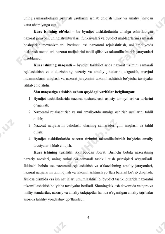 ti bir oy davomida 100 mln so‘mlik xarajat amalga oshirsa va bu xarajatlarning 20% qismi reja bo‘yicha bo‘lmagan xarajatlarga ketgan bo‘lsa, nazorat yordamida bu xatoliklar aniqlanadi va kelajakda ular oldini olish chorasi ko‘riladi[footnoteref:1]. [1: abdullayev, s. b. byudjet tizimi va davlat moliyasining nazariy asoslari. – tashkent: universitet, 2019. – 256 b.] nazoratning byudjet tizimidagi roli ko‘p qirrali. birinchidan, nazorat orqali tashkilotlar o‘z mablag‘larini maqsadli va samarali yo‘naltiradi. masalan, ta’lim muassasasi byudjeti doirasida xarajatlar rejalashtirilgan bo‘lsa, nazorat yordamida har bir mablag‘ning qayerga ketgani aniq kuzatiladi, shu orqali isrof va moliyaviy suiiste’mollarning oldi olinadi. ikkinchidan, nazorat rahbariyatga moliyaviy va operatsion faoliyat bo‘yicha to‘liq va ishonchli ma’lumot beradi. agar biror byudjet tashkiloti sog‘liqni saqlash yo‘nalishida mablag‘larni ishlatayotgan bo‘lsa, nazorat jarayonida xarajatlar va natijalar tahlil qilinadi va rahbariyat resurslarni qayta taqsimlash yoki samaradorligini oshirish bo‘yicha qaror qabul qiladi. nazorat tushunchasini amalga oshirishning muhim jihatlaridan biri uning tizimlilik va muntazamlik tamoyili hisoblanadi. nazorat faqat moliyaviy …