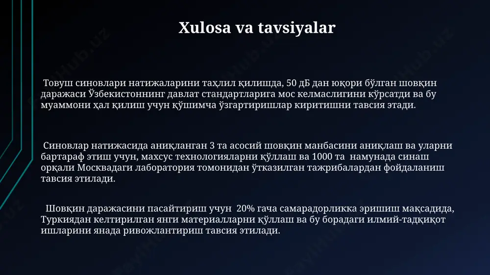 -tarmoqli filtrlar qo'llaniladi, ular mos ravishda 40 db dan 100 db gacha bo'lgan tovushlarni, masalan, toshkent shahridagi sanoat korxonalarida o'lchashda ishlatiladi. mikrofonlar yordamida olingan shovqin signallari, tezlik va chastota tahlillari bilan birga, freqventsiyali spektral tahlil usuli yordamida, masalan, 20 gts dan 20 kgts gacha bo'lgan diapazonda samarqanddagi laboratoriyalarda tahlil qilinadi. muammolarni bartaraf etish usullari chastotani 500-1000 gts oralig‘ida filtrlash orqali samarqanddagi elektron qurilmalar ishlab chiqarish korxonasida o‘rtacha shovqin darajasi 10 db ga pasaytirildi. 20-30 dbs dan yuqori shovqin darajalarini kamaytirish uchun, toshkentdagi zavodlarda qo‘llaniladigan faol shovqinni bosish tizimlari samaradorligini 15% ga oshirish mumkin. qo‘shimcha izolyatsion materiallar (masalan, 2 sm qalinlikdagi kauchuk yoki maxsus to‘qimalar) qo‘llash natijasida farg‘ona shahridagi laboratoriyada o‘lchangan shovqin darajasi 5 db ga kamaydi. o'lchov uskunalari va usullari ovoz darajasini o'lchash uchun 30-100 dbs oralig'ida ishlashga qodir bo'lgan brüel & kjær firmasining shovqin o'lchagichlari, masalan, tip 2250, toshkentdagi laboratoriyalarda keng qo'llaniladi. mikrofonlarni kalibrlashda, 94 db spl kalibrlash signali …