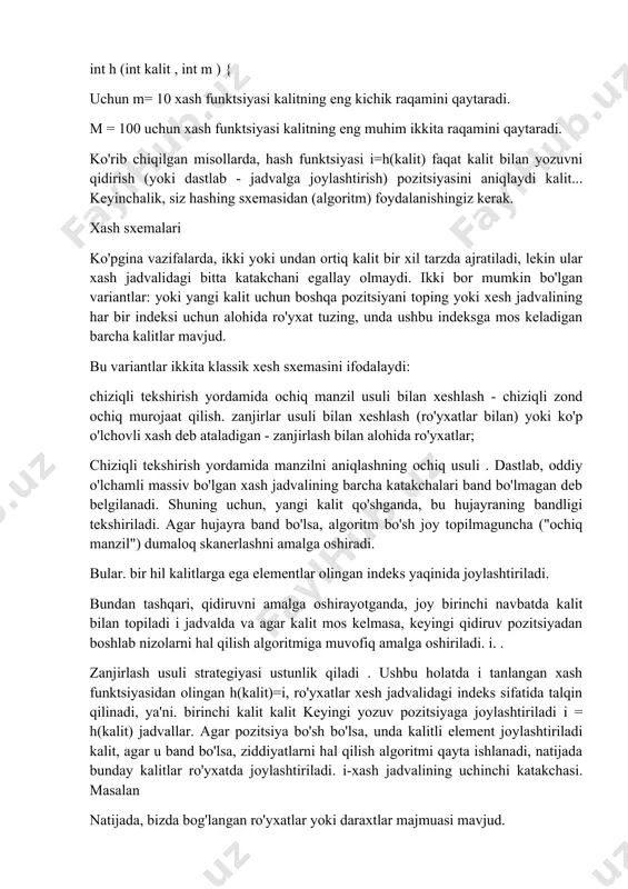 shingiz kerak. xash sxemalari ko'pgina vazifalarda, ikki yoki undan ortiq kalit bir xil tarzda ajratiladi, lekin ular xash jadvalidagi bitta katakchani egallay olmaydi. ikki bor mumkin bo'lgan variantlar: yoki yangi kalit uchun boshqa pozitsiyani toping yoki xesh jadvalining har bir indeksi uchun alohida ro'yxat tuzing, unda ushbu indeksga mos keladigan barcha kalitlar mavjud. bu variantlar ikkita klassik xesh sxemasini ifodalaydi: chiziqli tekshirish yordamida ochiq manzil usuli bilan xeshlash - chiziqli zond ochiq murojaat qilish. zanjirlar usuli bilan xeshlash (ro'yxatlar bilan) yoki ko'p o'lchovli xash deb ataladigan - zanjirlash bilan alohida ro'yxatlar; chiziqli tekshirish yordamida manzilni aniqlashning ochiq usuli . dastlab, oddiy o'lchamli massiv bo'lgan xash jadvalining barcha katakchalari band bo'lmagan deb belgilanadi. shuning uchun, yangi kalit qo'shganda, bu hujayraning bandligi tekshiriladi. agar hujayra band bo'lsa, algoritm bo'sh joy topilmaguncha ("ochiq manzil") dumaloq skanerlashni amalga oshiradi. bular. bir hil kalitlarga ega elementlar olingan indeks yaqinida joylashtiriladi. bundan tashqari, qidiruvni amalga oshirayotganda, …